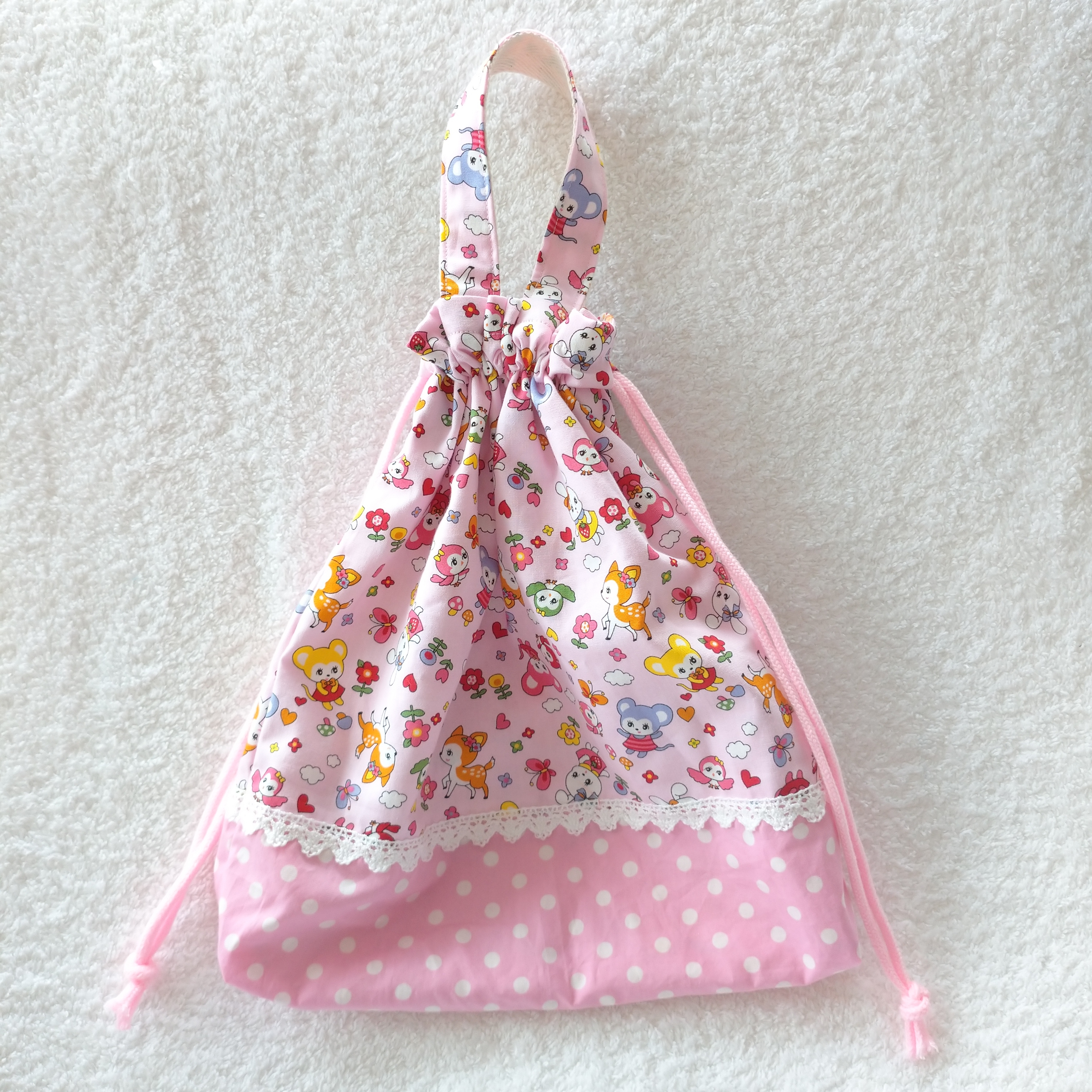 小さめ 持ち手付き巾着袋 レトロアニマル Iichi ハンドメイド クラフト作品 手仕事品の通販