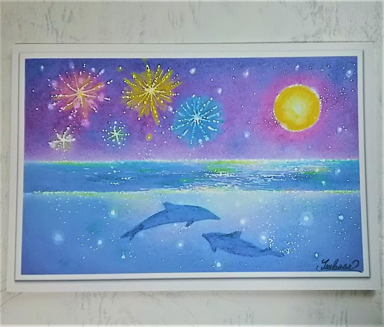 暑中お見舞い 残暑お見舞い絵葉書2枚セット 花火とイルカ パステルアート ポストカード Iichi ハンドメイド クラフト作品 手仕事品の通販