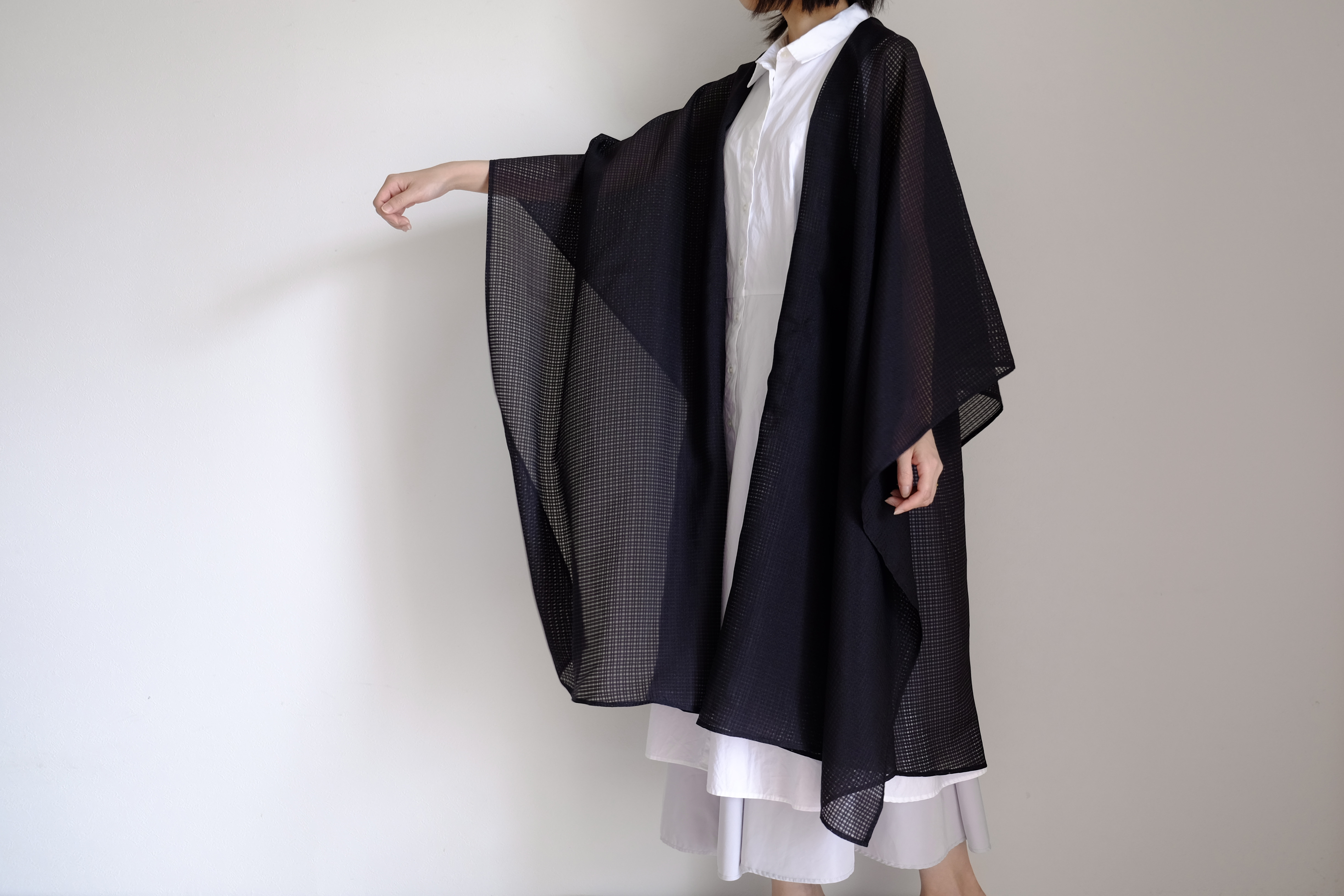 新作 ロング ケープ コート Re 1say キラキラシフォン ポリエステル 黒 格子 Long Cape Coat Iichi ハンドメイド クラフト作品 手仕事品の通販