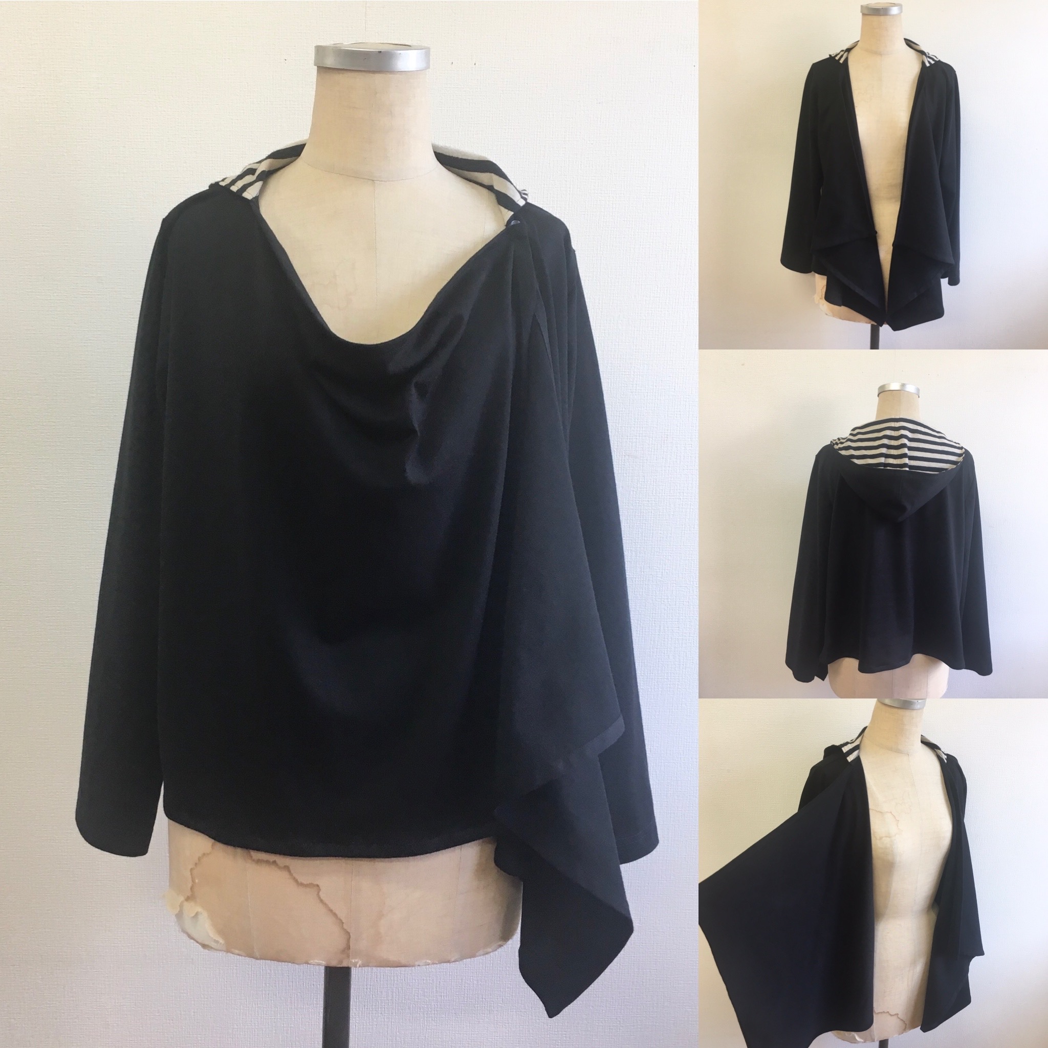 セール価格 2way出来る 前ボタンドレープ スソギザギザフードパーカーカーディガン 黒 サイズフリーm L 受注制作 Iichi ハンドメイド クラフト作品 手仕事品の通販