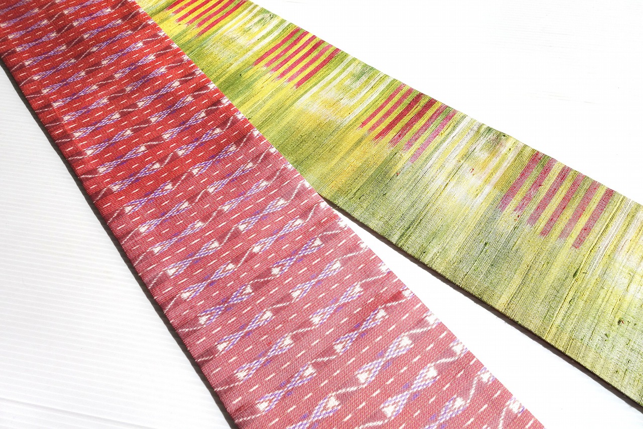半幅帯 黄緑にピンクのライン白渦巻柄と ピンクオレンジ系タイシルク Han1571 Iichi ハンドメイド クラフト作品 手仕事品の通販