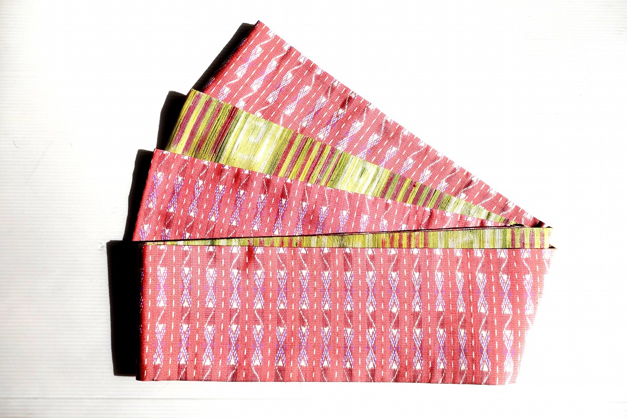 半幅帯 黄緑にピンクのライン白渦巻柄と ピンクオレンジ系タイシルク Han1571 Iichi ハンドメイド クラフト作品 手仕事品の通販