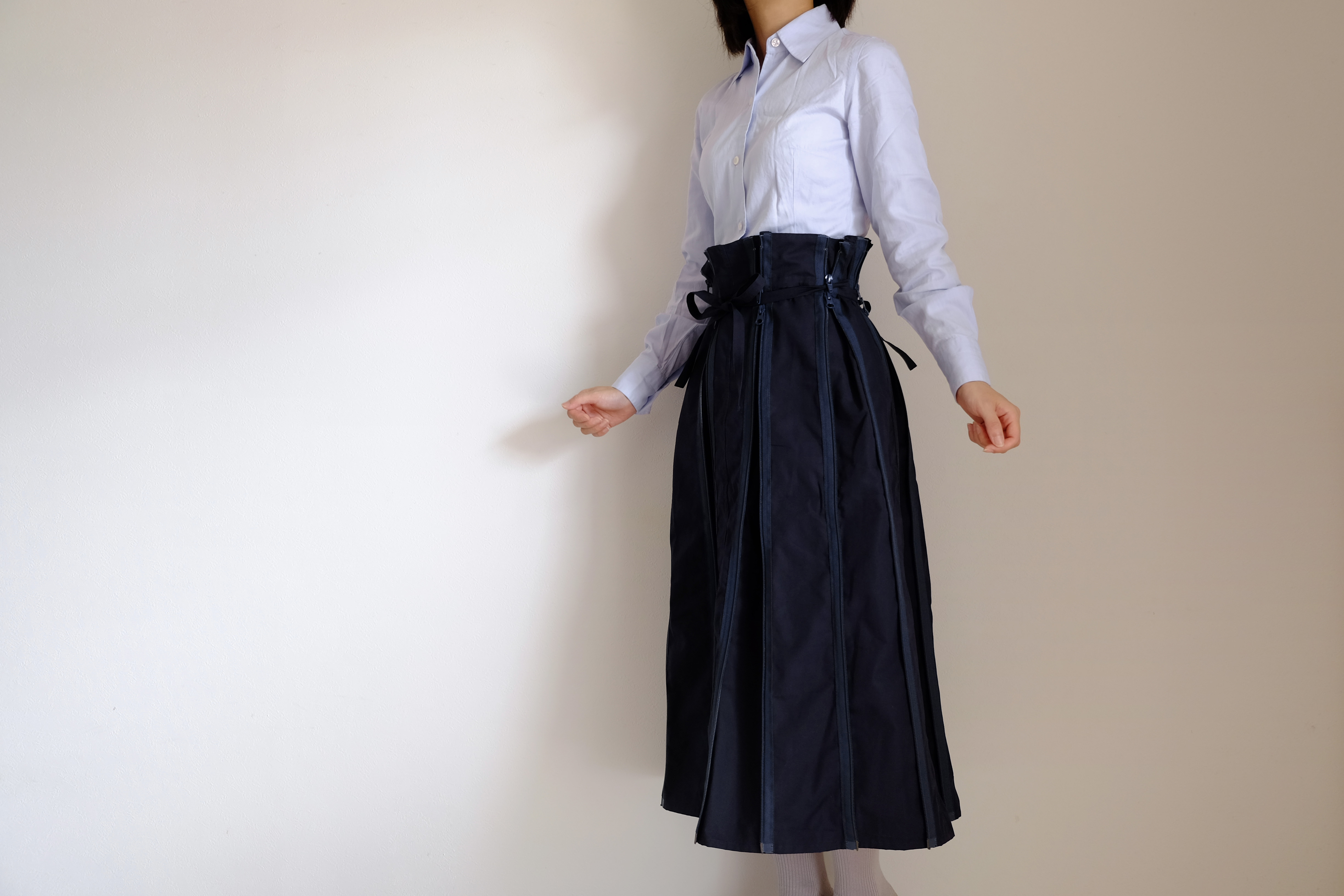 秋の新作 ジップリーツスカート ロング コットン ネイビー Zipleats Skirt 受注制作 Iichi ハンドメイド クラフト作品 手仕事品の通販