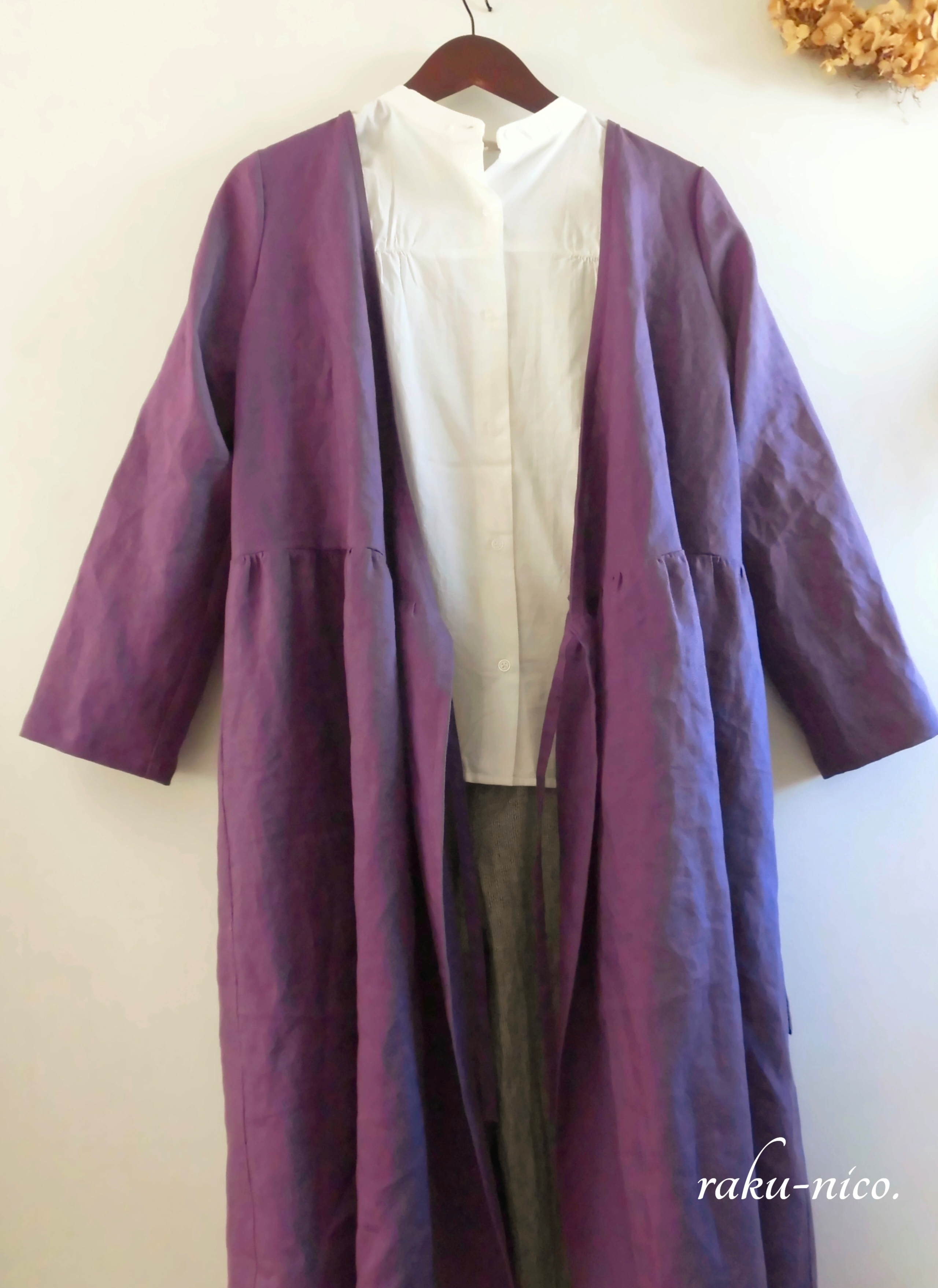 カシュクールワンピース リネン100 紫 ぶどう色 コート Iichi ハンドメイド クラフト作品 手仕事品の通販