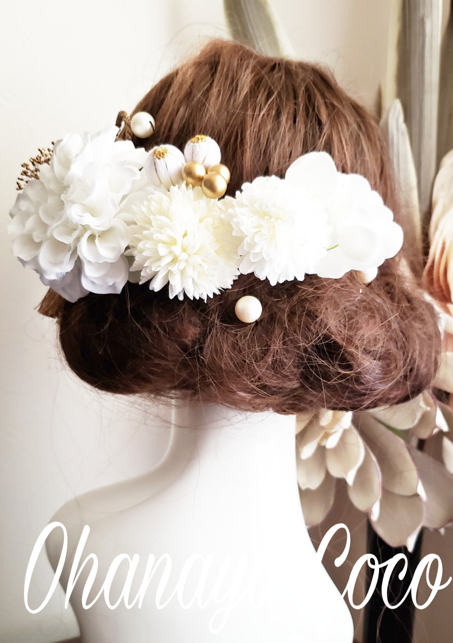 White系ダリアのヘッドドレス12点set No763 結婚式 髪飾り Iichi ハンドメイド クラフト作品 手仕事品の通販