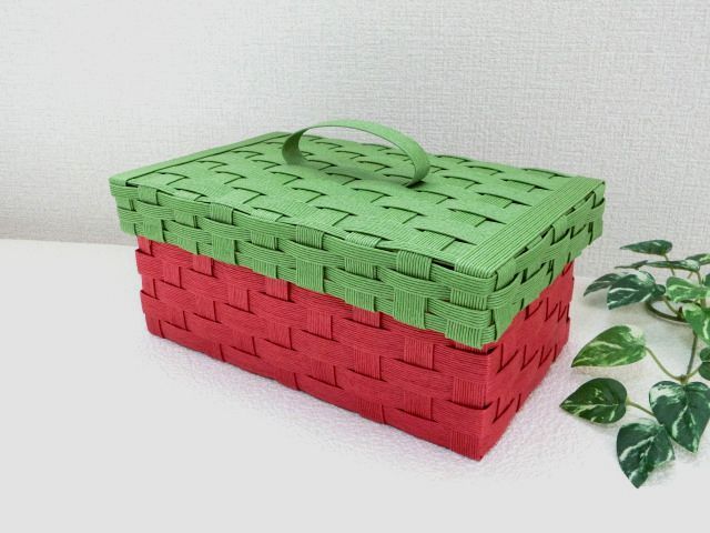 クラフトカゴ 蓋付き 箱マスク保管 ペットシーツ収納 グリーン レッド イチゴ Iichi ハンドメイド クラフト作品 手仕事品の通販