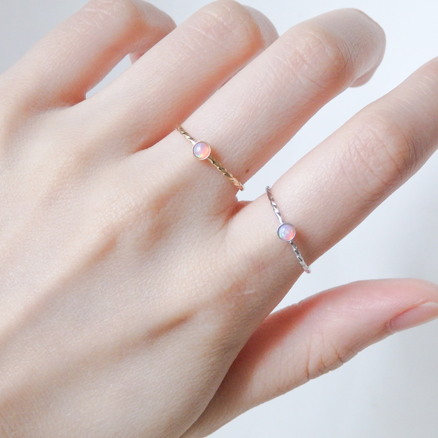 ピンクオパールリング 3 カボションカット 極細ツイスト Iichi ハンドメイド クラフト作品 手仕事品の通販