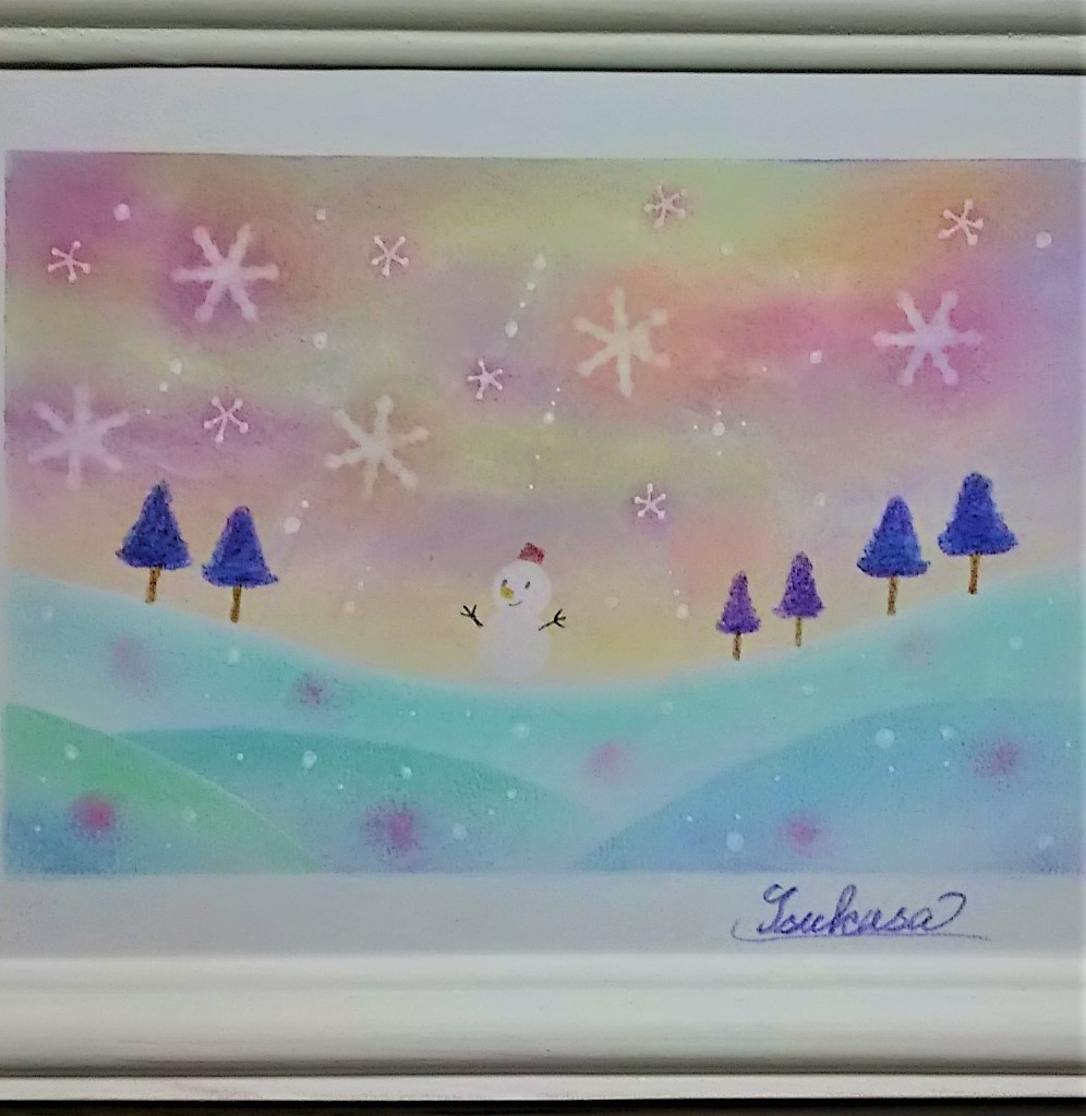 冬のパステルアート 雪だるまと彩りの雪の丘 Iichi ハンドメイド クラフト作品 手仕事品の通販