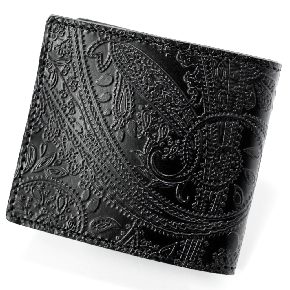 永久保証 オール 栃木レザー ペイズリー型押し 二つ折り 財布 カード 