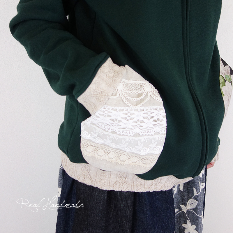 予約販売 バック起毛モスグリーンレースパッチ羽織りパーカー Iichi ハンドメイド クラフト作品 手仕事品の通販