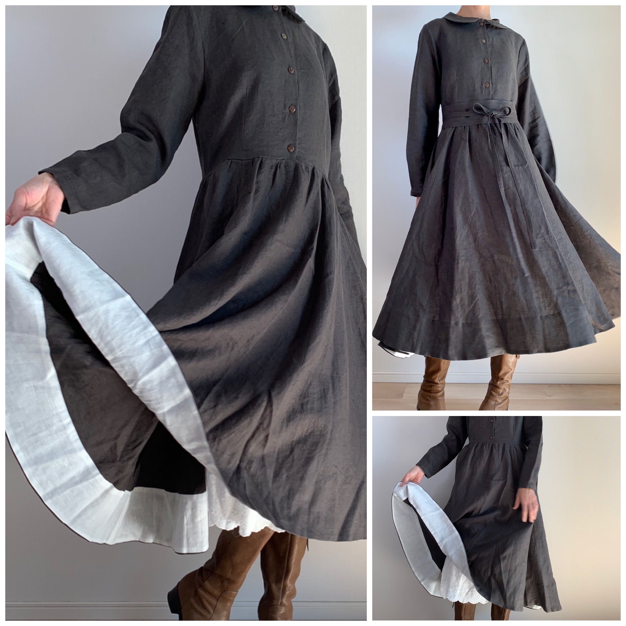 値下げ 裾裏配色ポイント丸襟ワンピース チャコール Iichi ハンドメイド クラフト作品 手仕事品の通販
