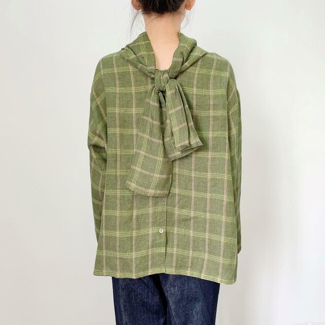 En Enリネン格子 前後ろリボンブラウス 草色 ベージュ Iichi ハンドメイド クラフト作品 手仕事品の通販