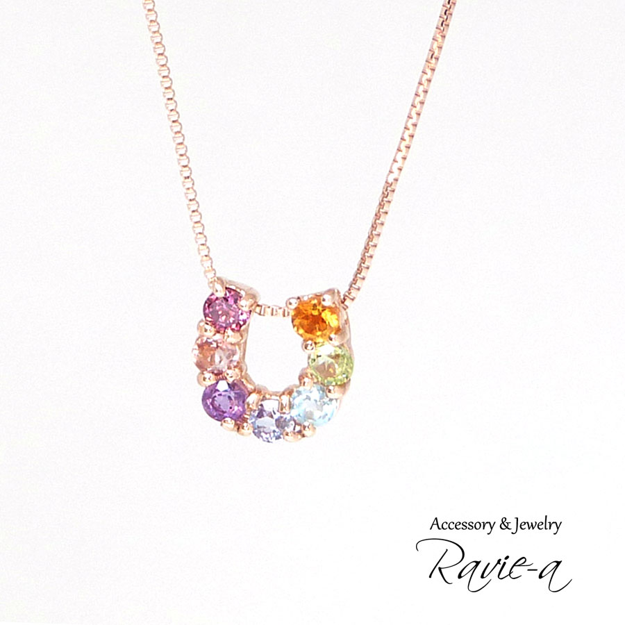 K10ピンクゴールド アミュレットネックレス ホースシュー 華奢 天然石 ガーネット ピンクトルマリン アメジスト タンザナイト Iichi ハンドメイド クラフト作品 手仕事品の通販