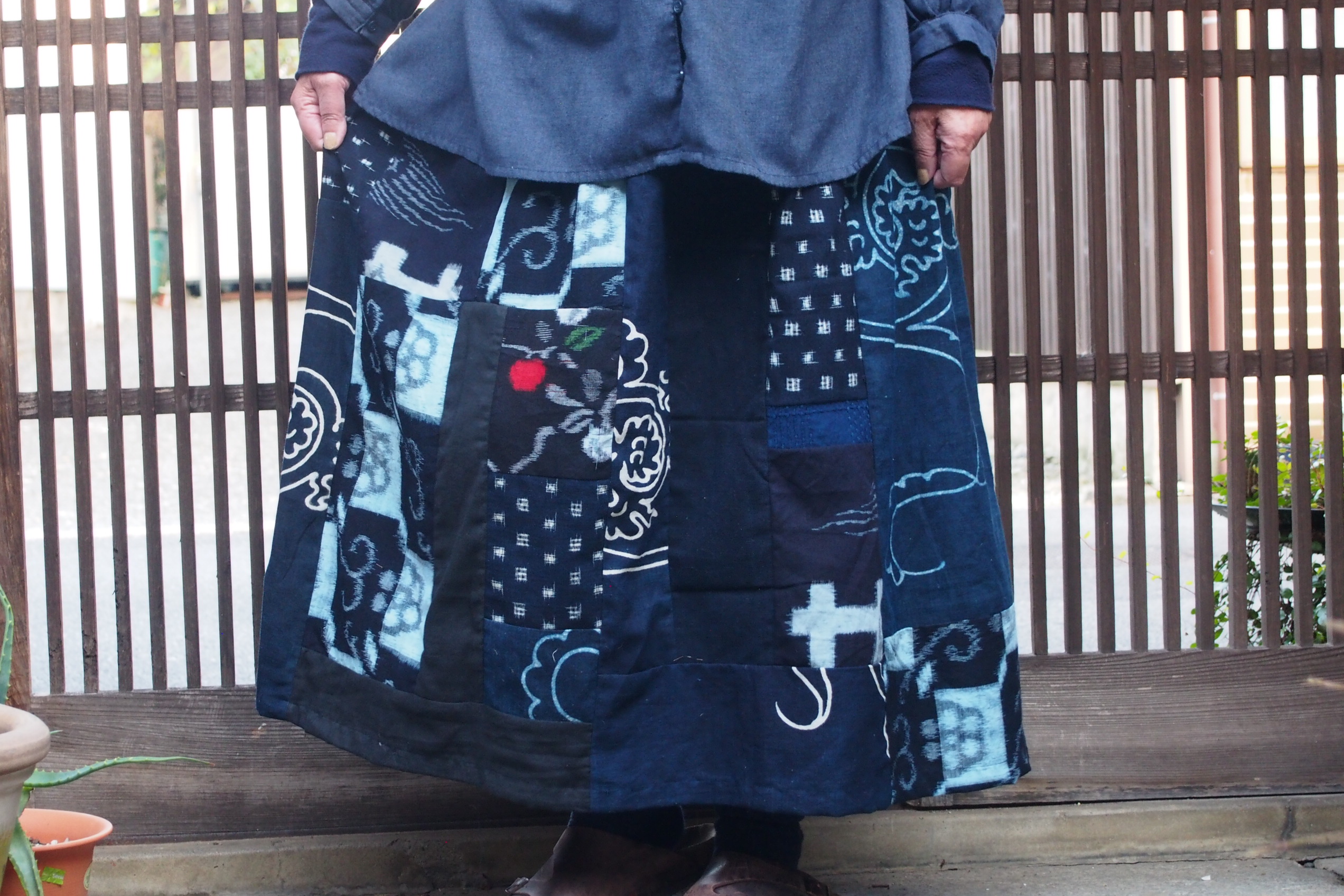 手織り 藍染木綿 刺し子 古布 襤褸 ハンドメイド スカート