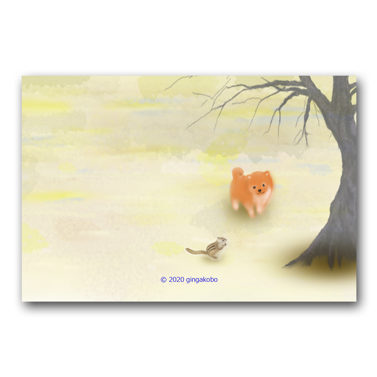 冬支度中なの 遊ぼうよ 豆柴 リス 犬 ほっこり癒しのイラストポストカード2枚組 No 1222 Iichi ハンドメイド クラフト作品 手仕事品の通販