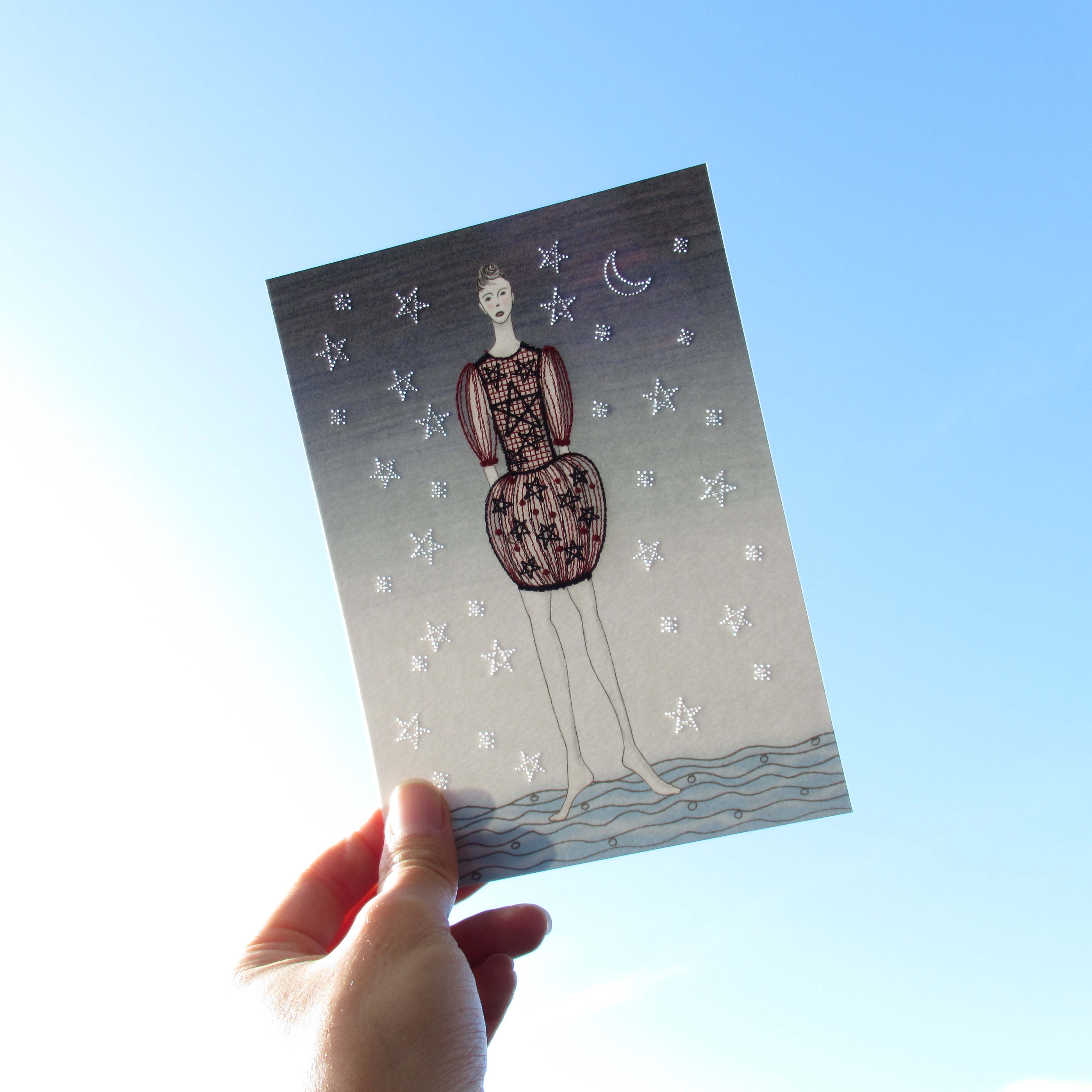 刺繍カード 夢の中で 星の子 レッド Iichi ハンドメイド クラフト作品 手仕事品の通販