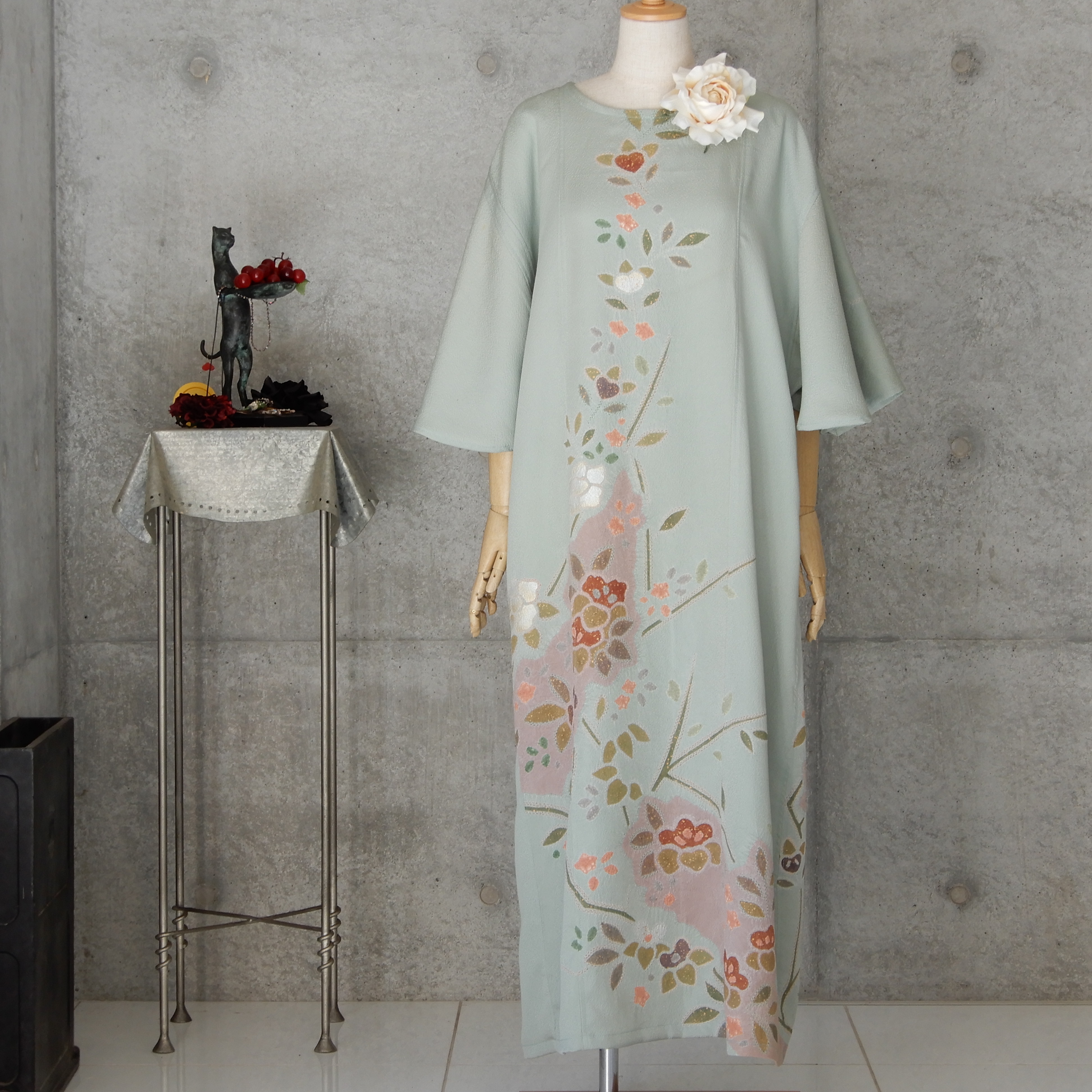 Off 着物リメイク 辻が花 ロングワンピース フリーサイズ Aライン フリル袖 ロングドレス Iichi ハンドメイド クラフト作品 手仕事品の通販