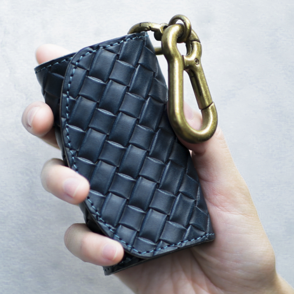 日本製 栃木レザー 型押し メッシュ キーケース コインケース Paolo ネイビー スマートキーケース 本革 Iichi ハンドメイド クラフト作品 手仕事品の通販