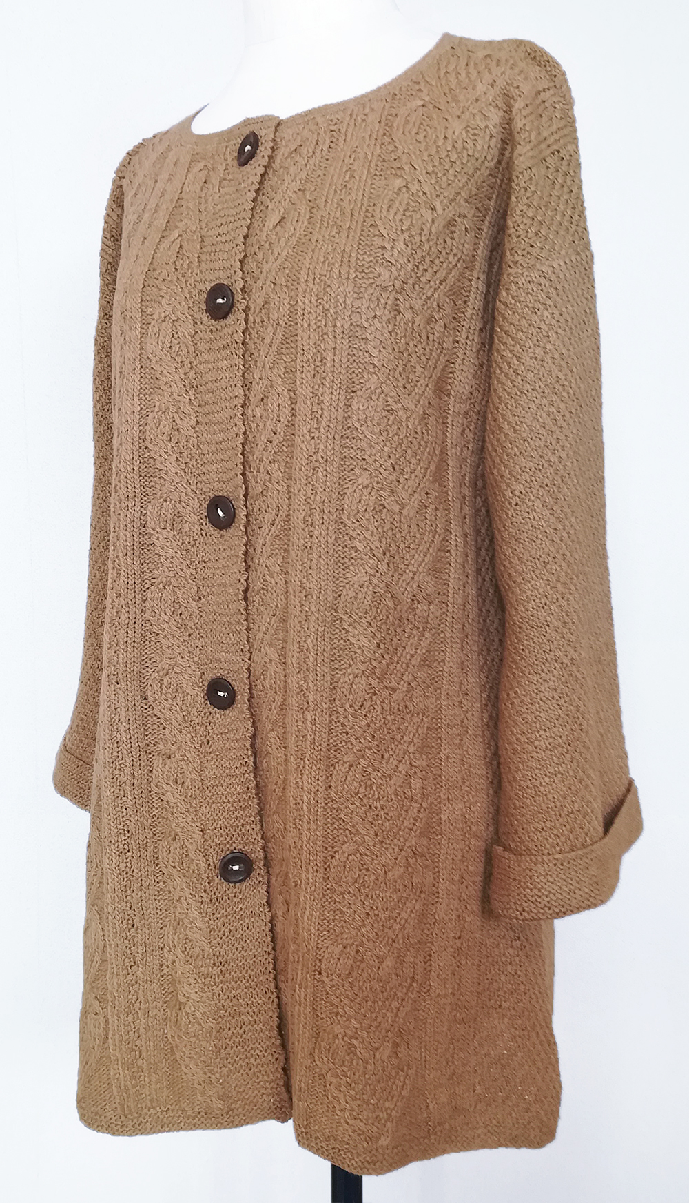 セール 総模様編み ウールのロング丈カーディガン 黄茶色 Iichi ハンドメイド クラフト作品 手仕事品の通販