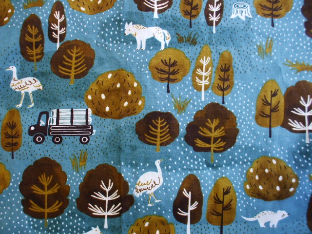 水色地 北欧森の動物柄 スタンドカラーチュニック丈長袖ブラウス ベルト付き M Lｌ 綿１００ 受注生産 Iichi ハンドメイド クラフト作品 手仕事品の通販