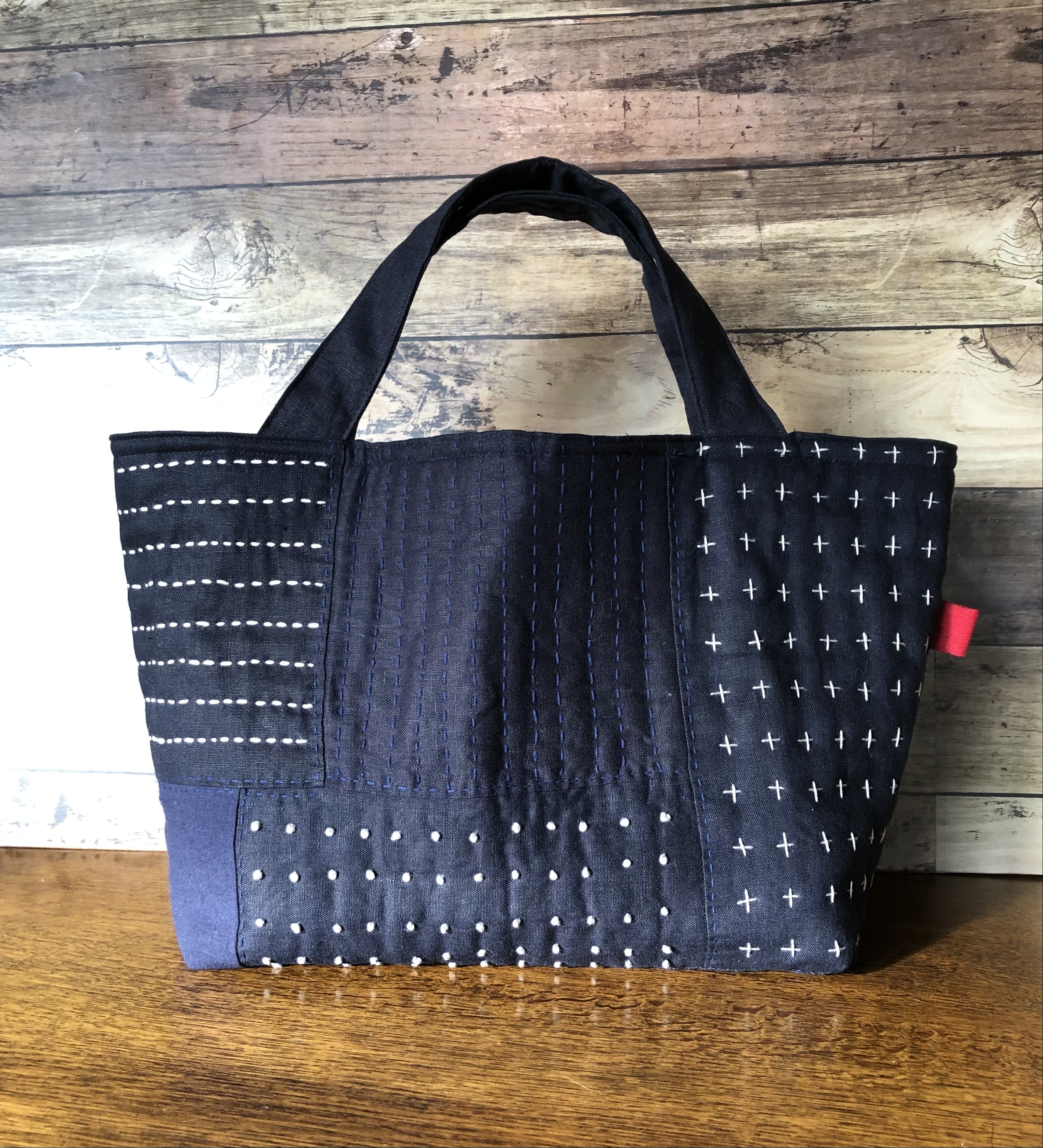 藍色と柿渋染の和布で作ったパッチワーク手提げ鞄-