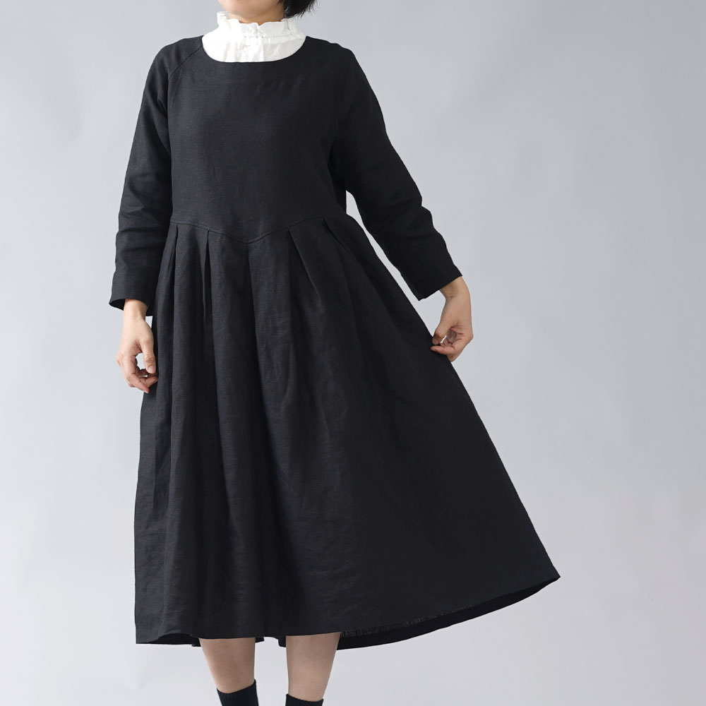 Wafu 中厚 リネンワンピース 鍵盤タック クルーネック ラグランスリーブ ブラック A013i k2 Iichi ハンドメイド クラフト作品 手仕事品の通販