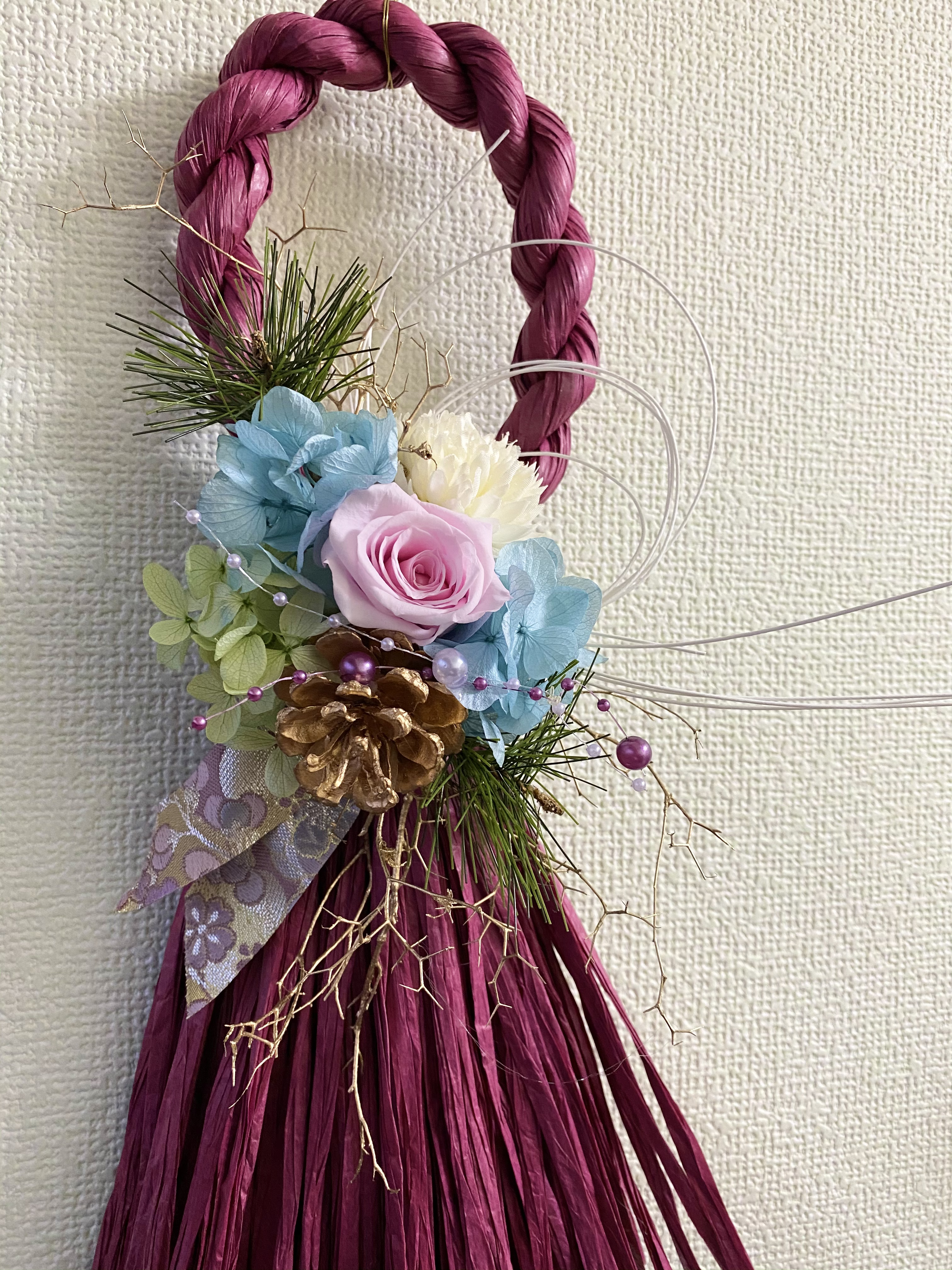 西陣織リボンとパステルのしめ飾り プリザ 造花 Iichi ハンドメイド クラフト作品 手仕事品の通販