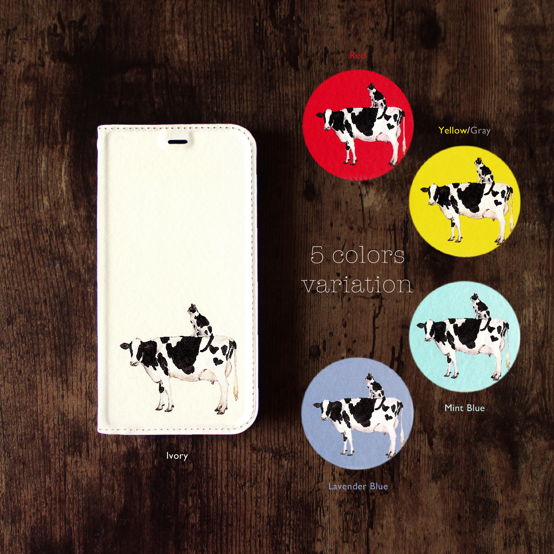 手帳型ケース 牛さんと牛柄ネコさん Iphone13pro 選択可能 Iphoneケース Iichi ハンドメイド クラフト作品 手仕事品の通販