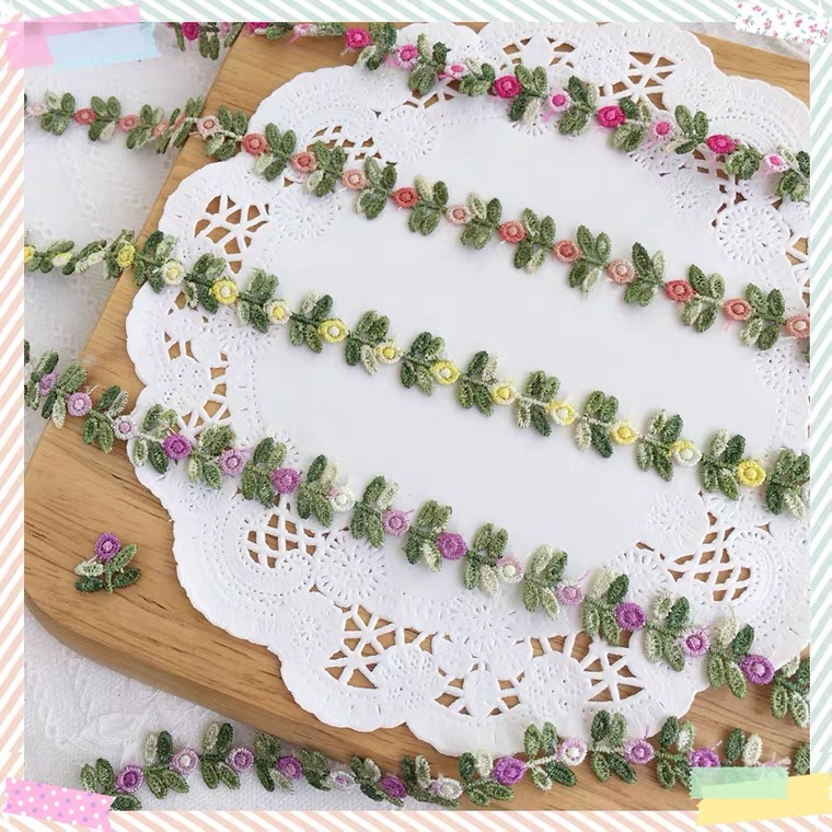 1m 刺繍 お花と葉っぱ リボン 繊細 手芸 素材 立体 ピンク Iichi ハンドメイド クラフト作品 手仕事品の通販