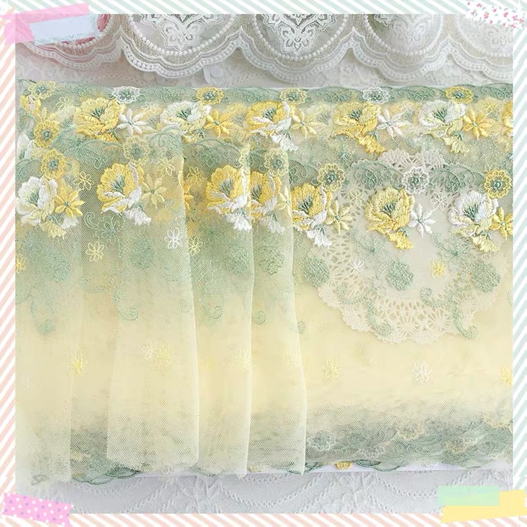 1m 刺繍 花 チュールレース レースリボン 広幅 繊細 大人可愛い 手芸 素材 立体感 グリーン イェロー Iichi ハンドメイド クラフト作品 手仕事品の通販