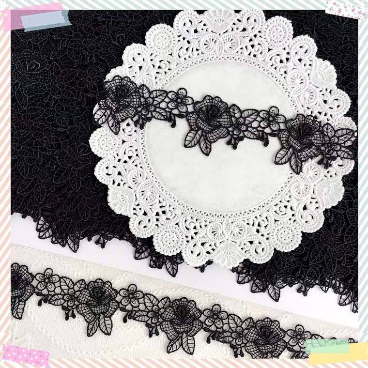 1m ローズ 薔薇柄 フランスロココ調 レースリボン ケミカルリボン 上品 優雅 綺麗 手芸 素材 黒 ブラック Iichi ハンドメイド クラフト作品 手仕事品の通販