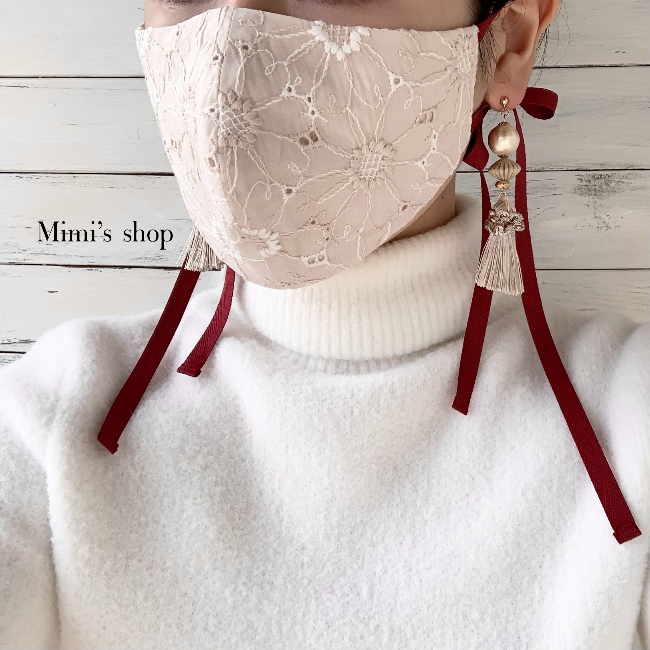 コットンレースの小顔見せリボンマスク ダブルガーゼ ピンクベージュ 花柄 肌荒れしない 洗える オールシーズン Iichi ハンドメイド クラフト作品 手仕事品の通販