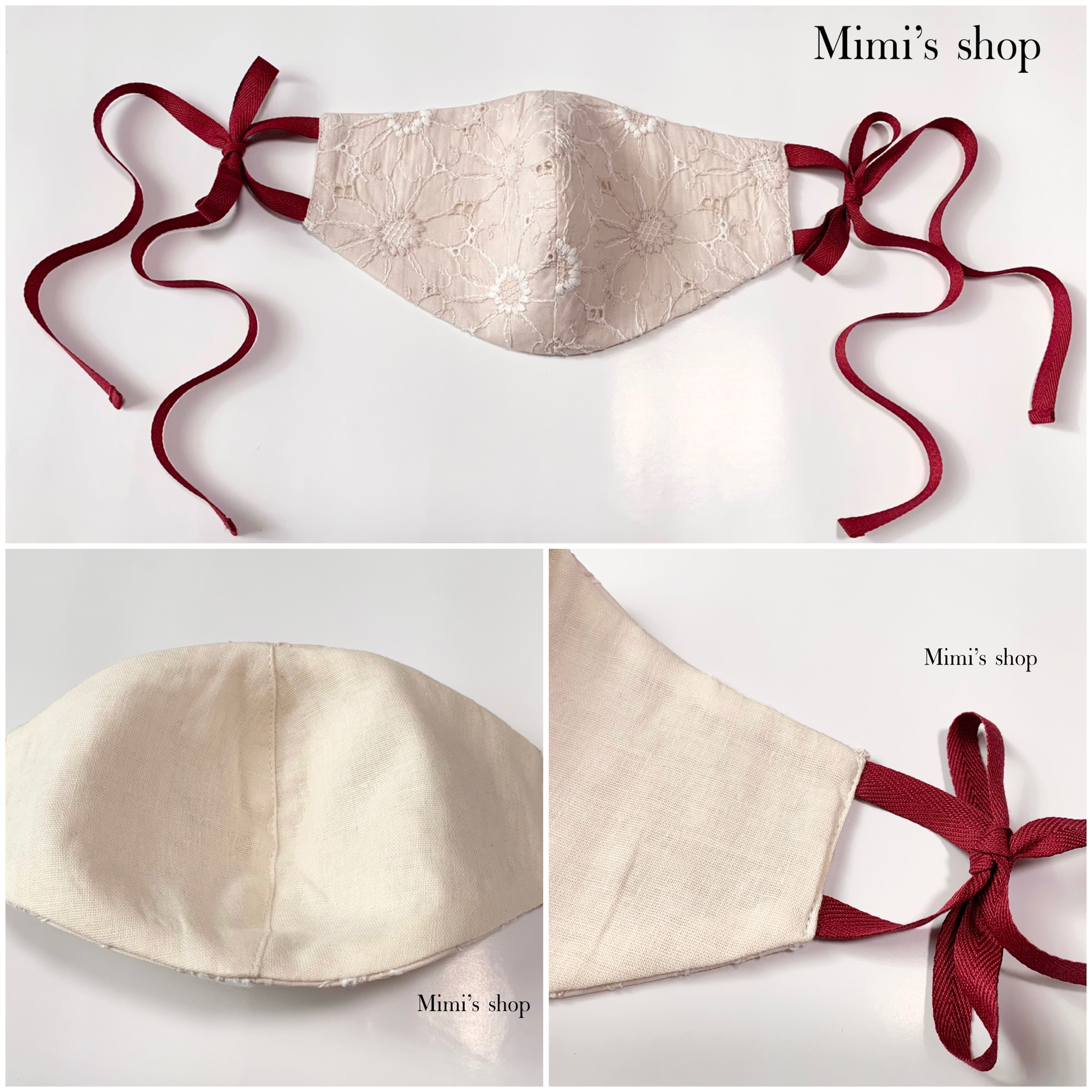 コットンレースの小顔見せリボンマスク ダブルガーゼ ピンクベージュ 花柄 肌荒れしない 洗える オールシーズン Iichi ハンドメイド クラフト作品 手仕事品の通販