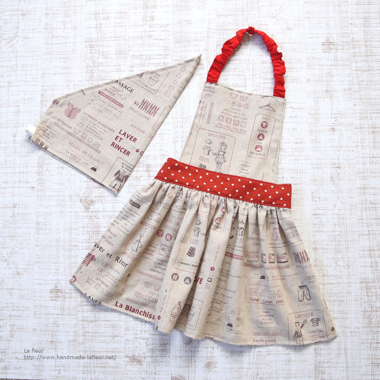 100 1 キッズエプロン 三角巾セット Yuwaランドリー柄 女の子用ギャザーエプロン ナチュラル Iichi ハンドメイド クラフト作品 手仕事品の通販