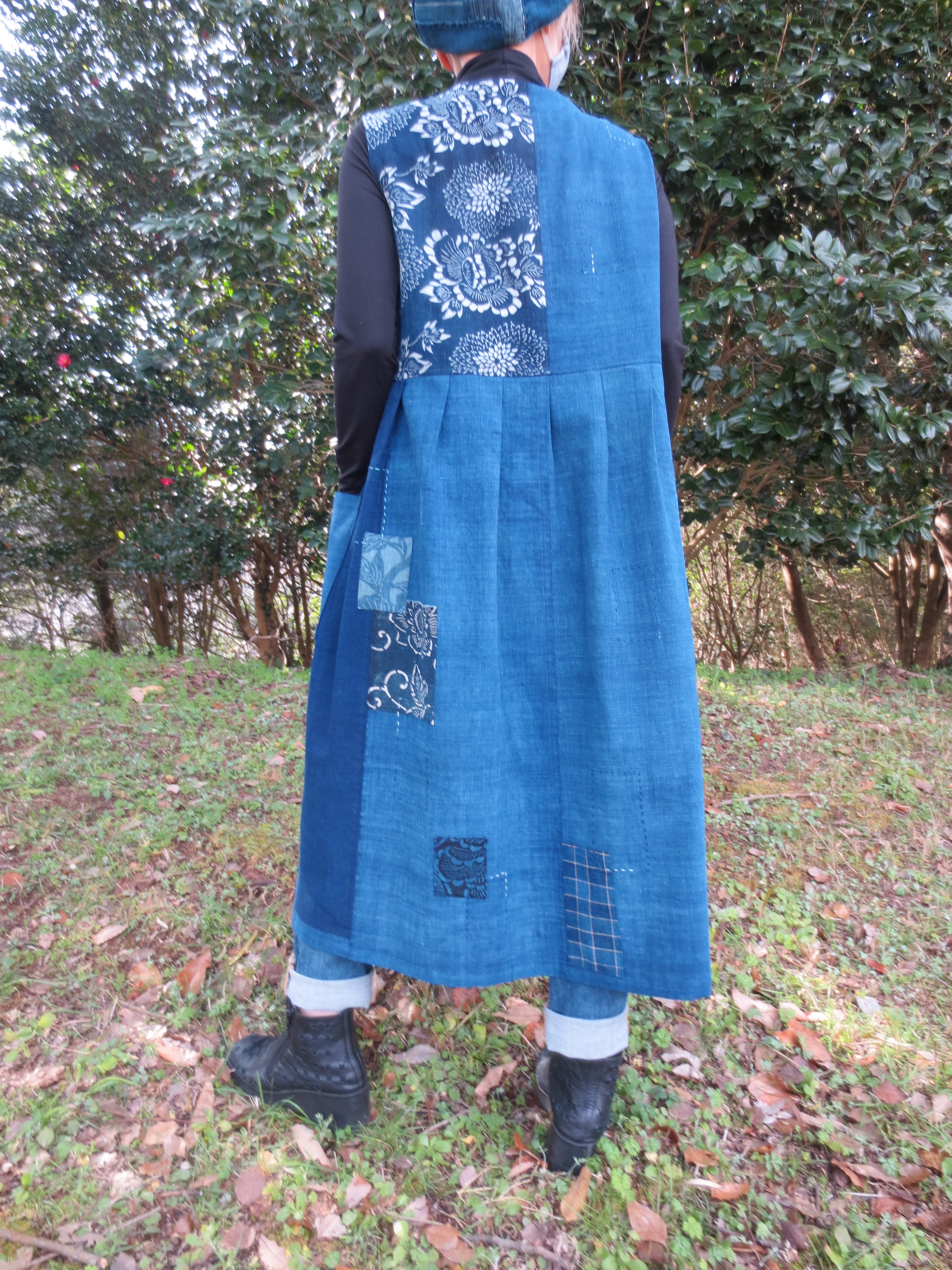 注意事項古布藍染ワンピース　古布　藍染　襤褸　手織り格子
