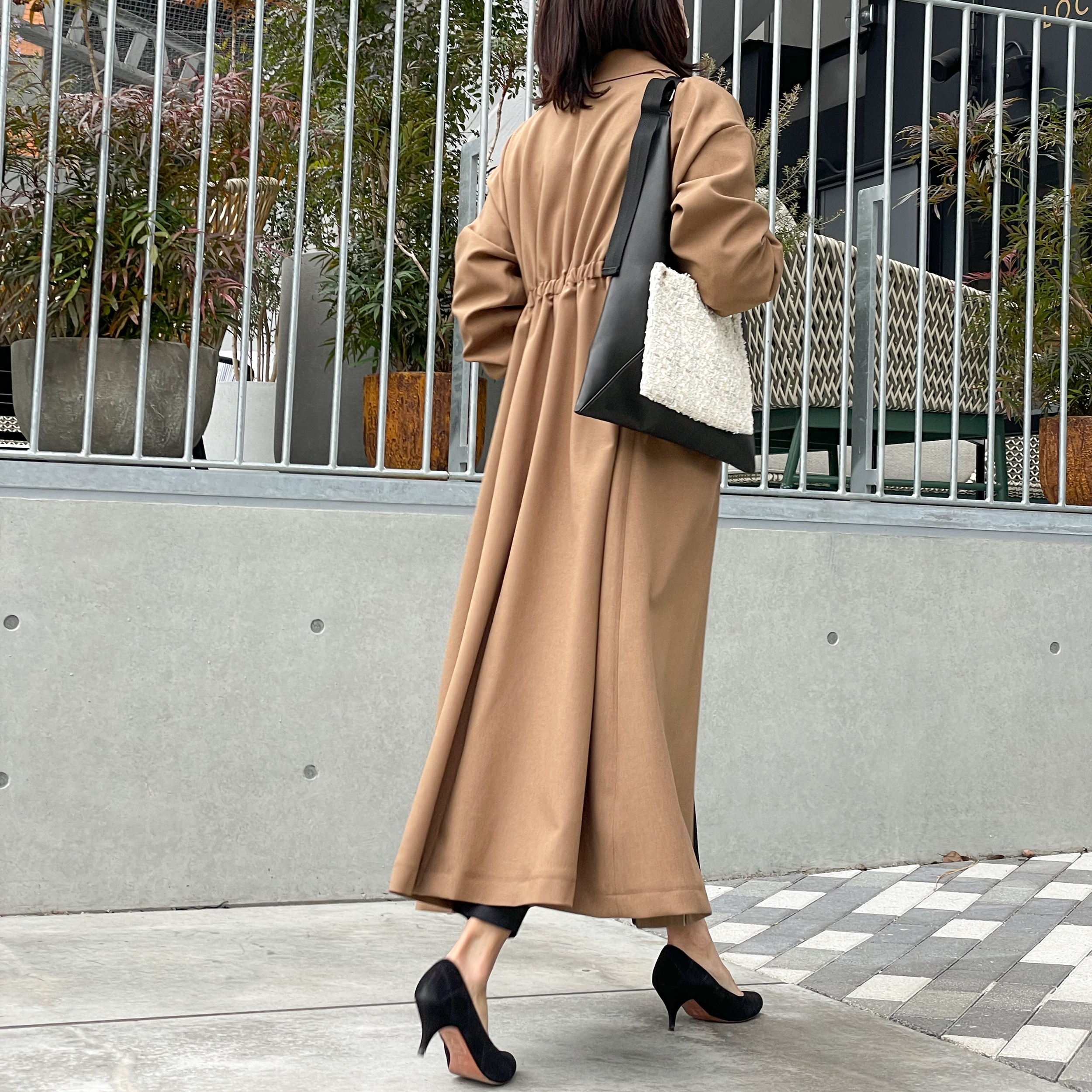 洗濯機で洗える シワになりにくい 静電気防止 バックギャザーライトコート キャメル ロング丈 スタイルアップ Iichi ハンドメイド クラフト作品 手仕事品の通販