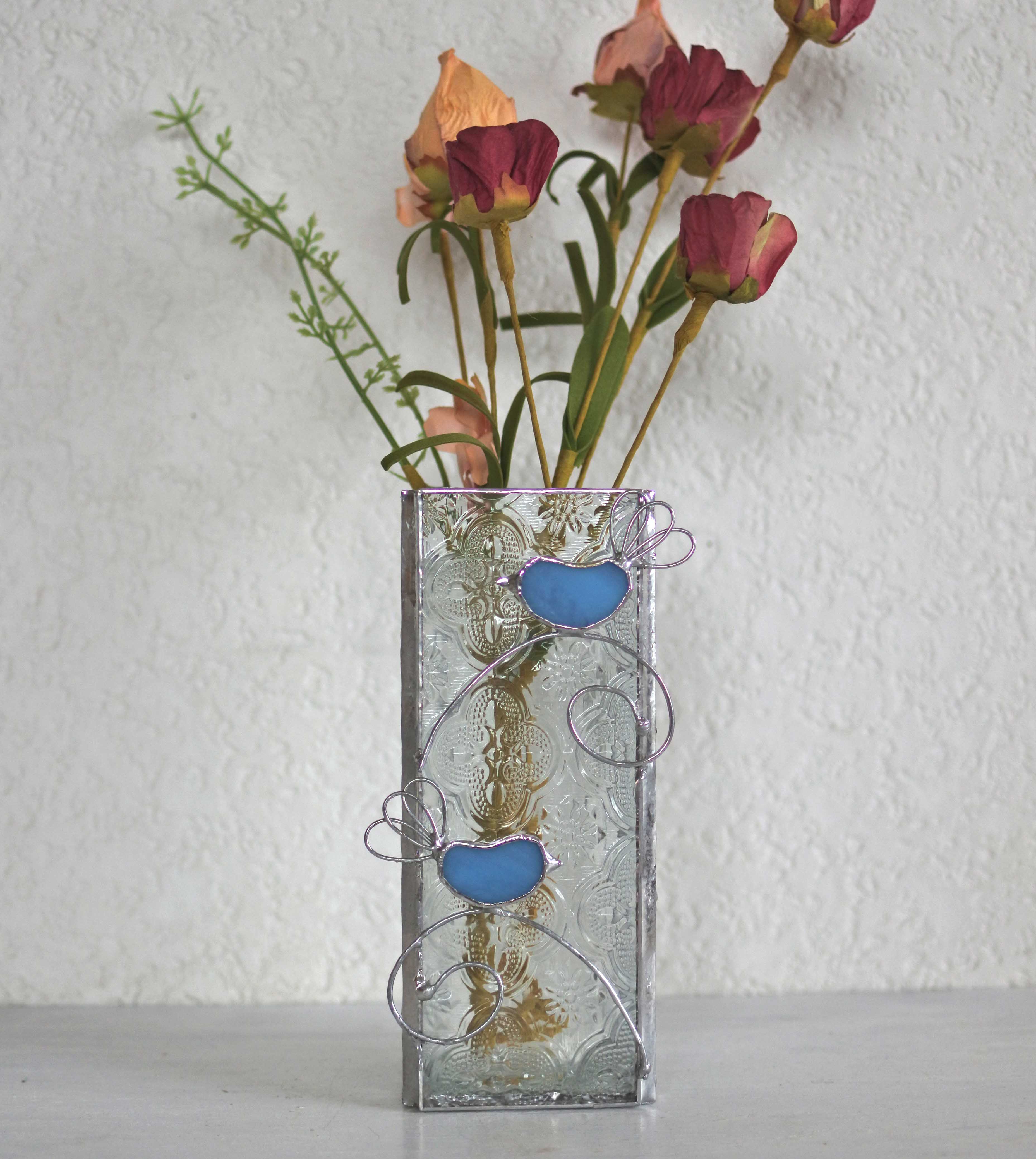 ステンドグラスの花瓶 青い鳥 中サイズ Iichi ハンドメイド クラフト作品 手仕事品の通販