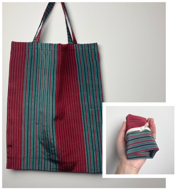 小さくたためてコンパクトに収納 B４サイズ対応エコバッグ サブバッグ 着物リメイク エンジ グリーンストライプ Iichi ハンドメイド クラフト作品 手仕事品の通販