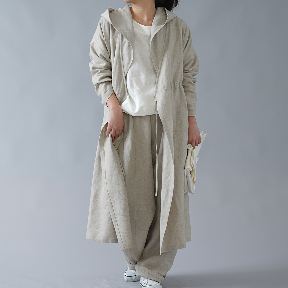 Wafu 中厚 リネン カシュクール フードコート ロング丈 長袖ワンピース 亜麻ナチュラル A005c Amn2 Iichi ハンドメイド クラフト作品 手仕事品の通販
