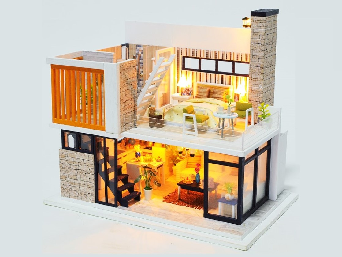 露天風呂のある二階建ての家 ミニチュア ドールハウス 完成品 Iichi ハンドメイド クラフト作品 手仕事品の通販