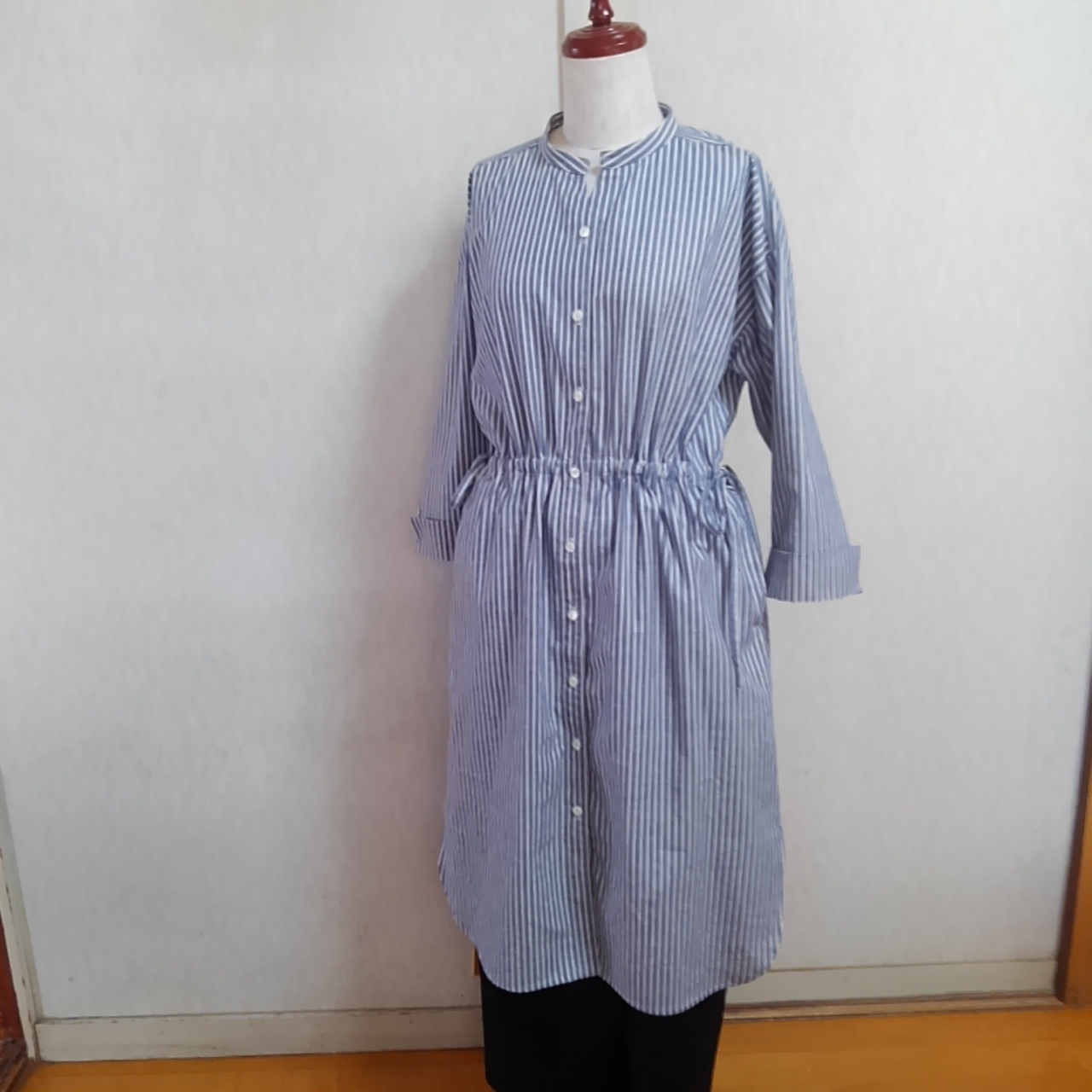 コットン シャツワンピース スタンドカラー 羽織もの ネイビー ストライプ Lサイズ Iichi ハンドメイド クラフト作品 手仕事品の通販