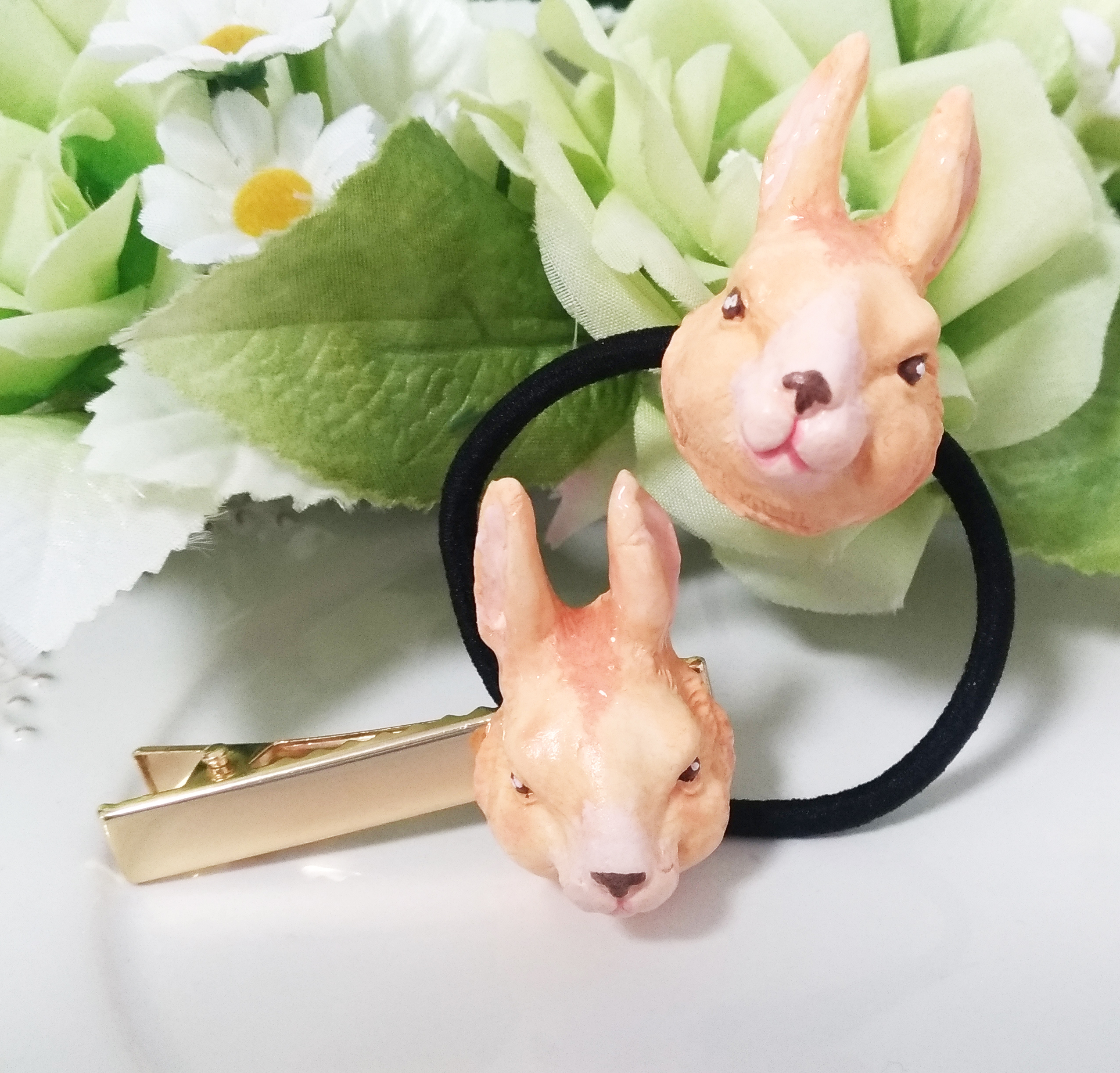 ベージュうさぎヘアピン ヘアゴムセット Iichi ハンドメイド クラフト作品 手仕事品の通販