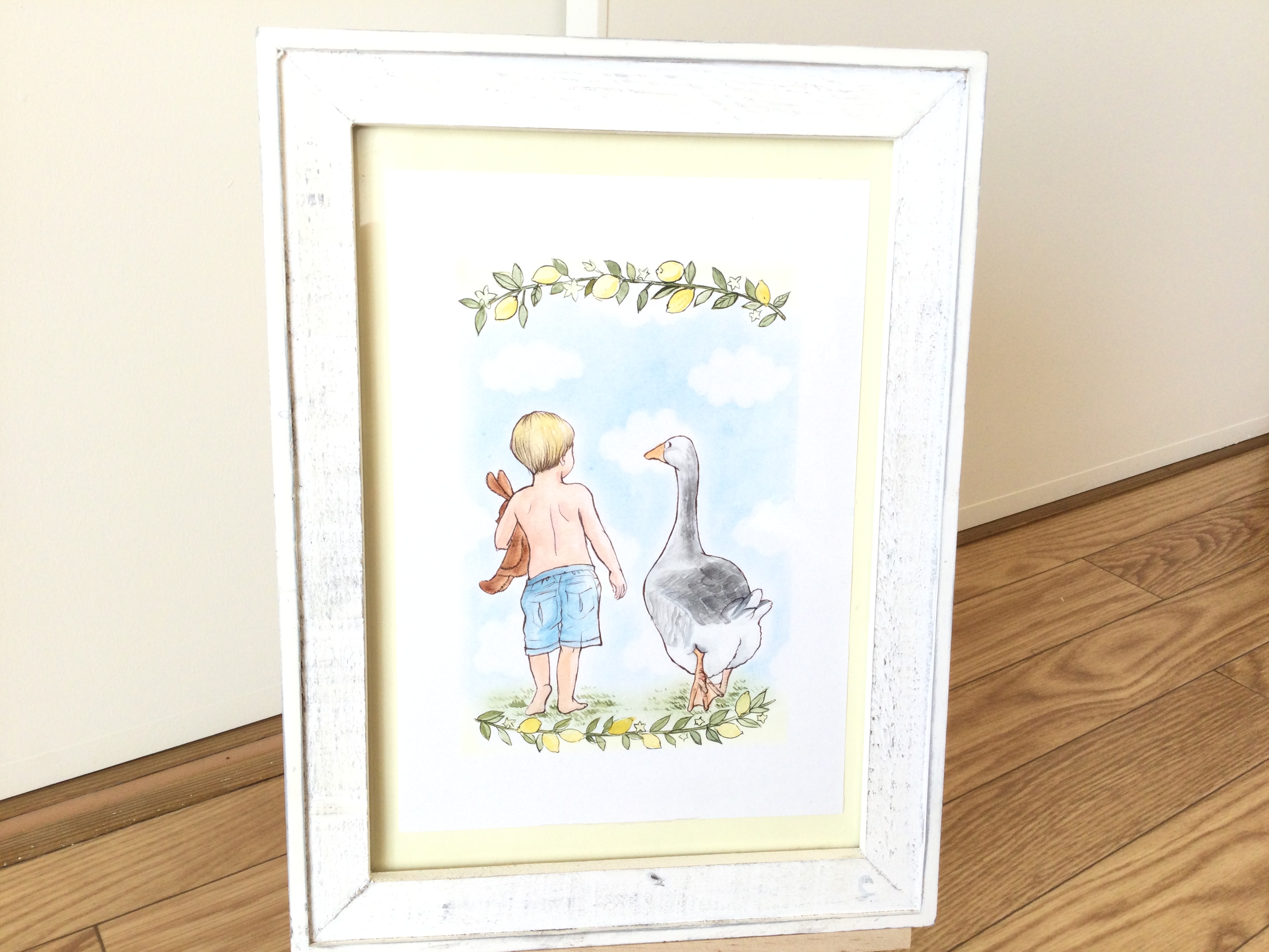 お散歩 原画 イラスト 水彩 パステル 男の子とガチョウ 子供部屋 玄関のウェルカムボード 新築祝い Iichi ハンドメイド クラフト作品 手仕事品の通販