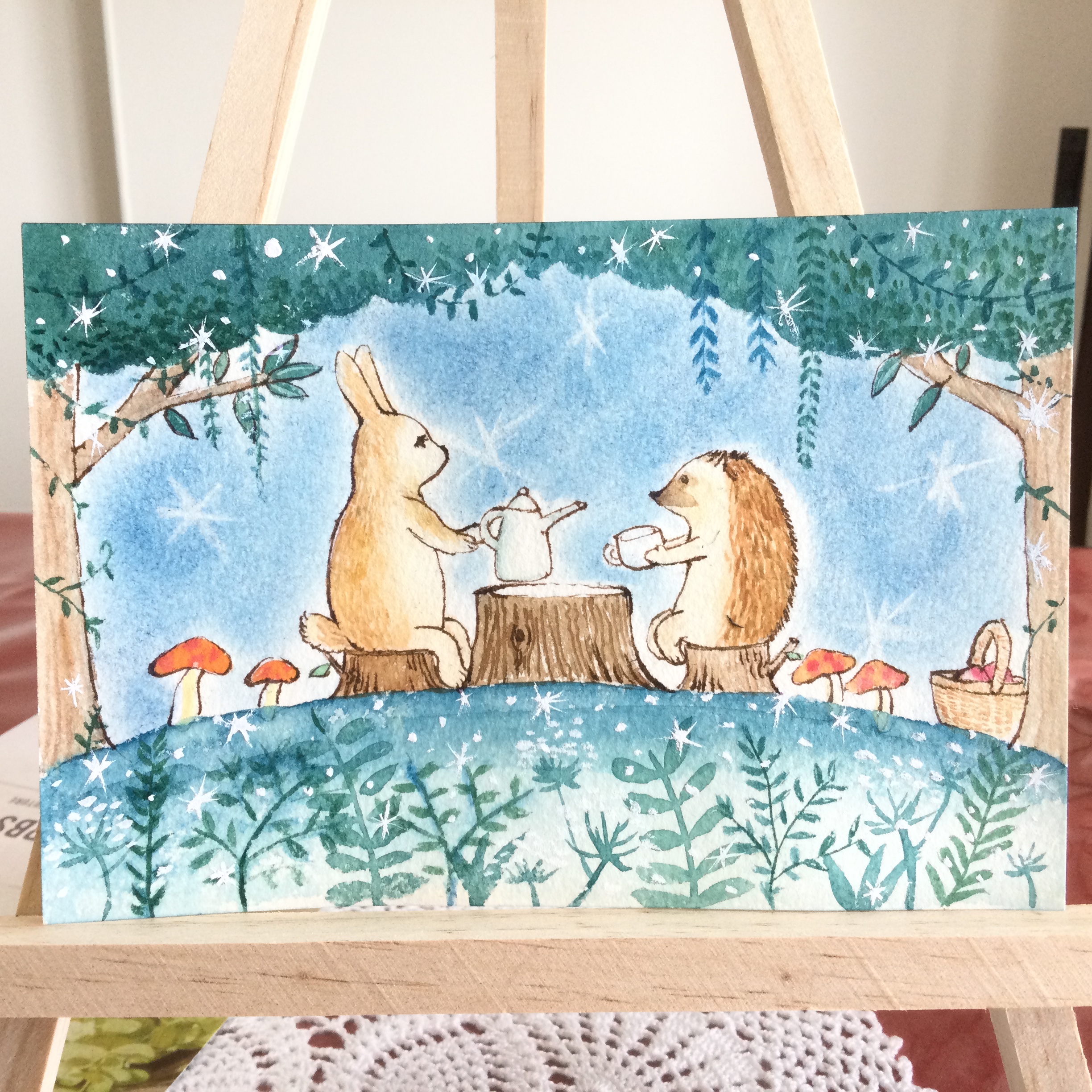 うさぎとハリネズミのお茶会 原画 水彩 パステル 星空の下仲良くおしゃべり Iichi ハンドメイド クラフト作品 手仕事品の通販
