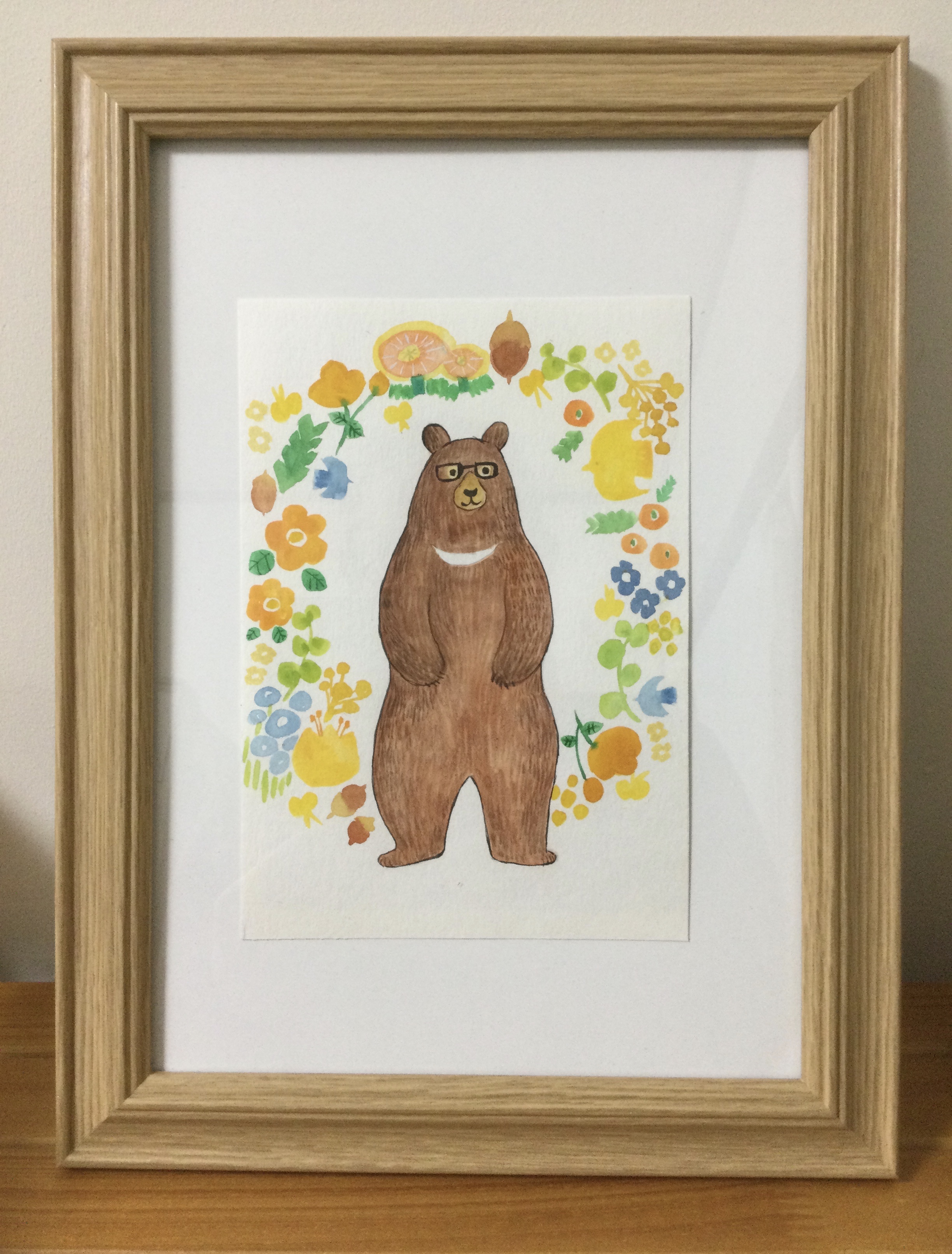 メガネをかけたクマ 原画 水彩 色鉛筆 北欧リース お花 Iichi ハンドメイド クラフト作品 手仕事品の通販