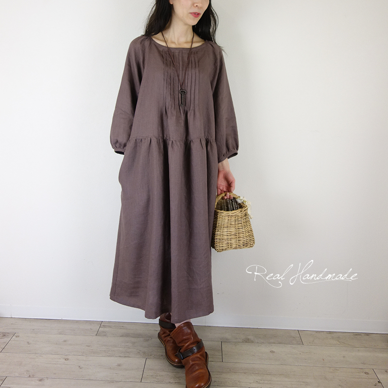 予約販売 ヨーロッパモカリネンピンタックパフワンピース Iichi ハンドメイド クラフト作品 手仕事品の通販