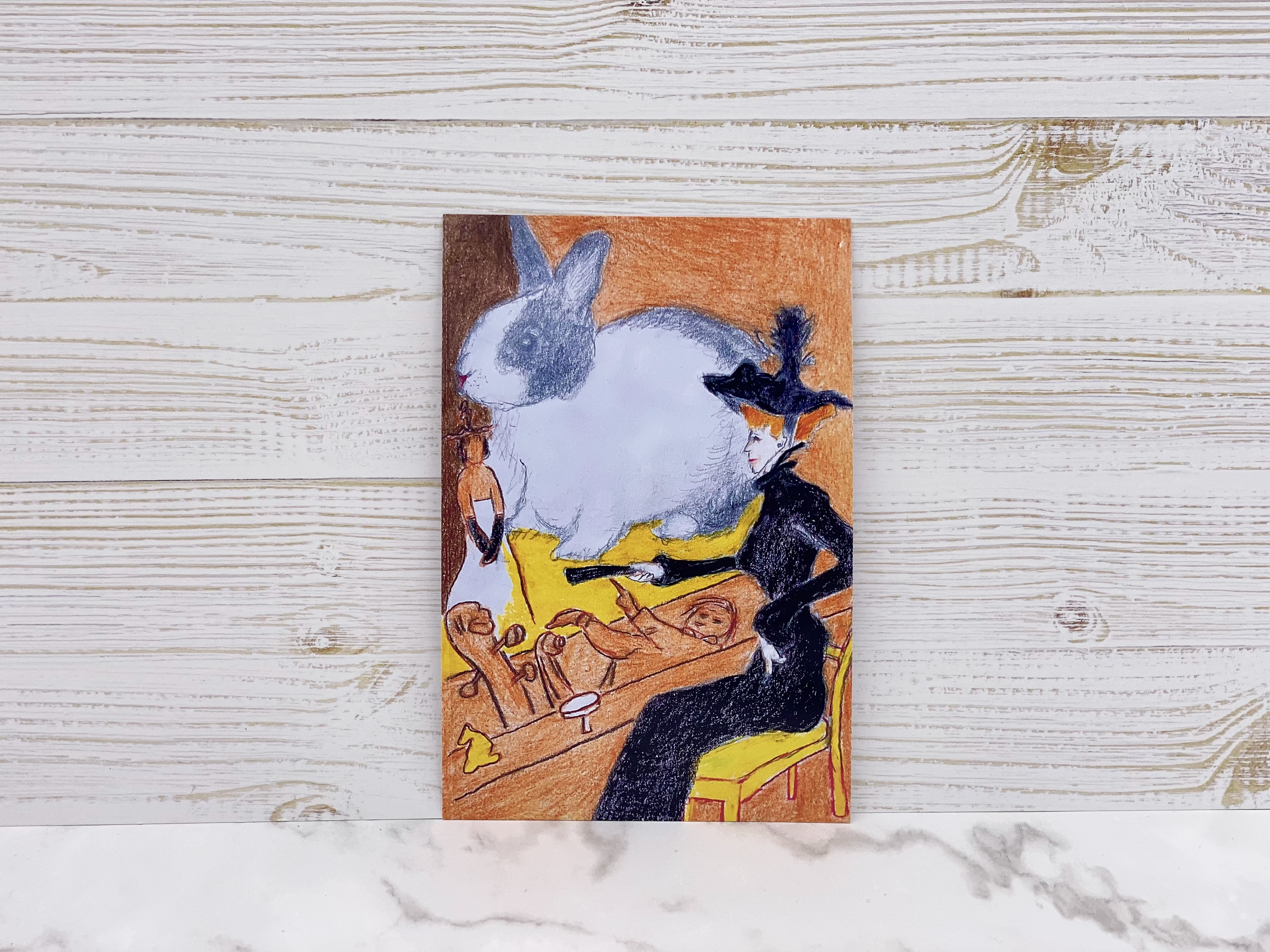 うさぎの絵画シリーズ ロートレックの絵に迷い込んだうさちゃん 同柄ポストカード2枚セット Iichi ハンドメイド クラフト作品 手仕事品の通販