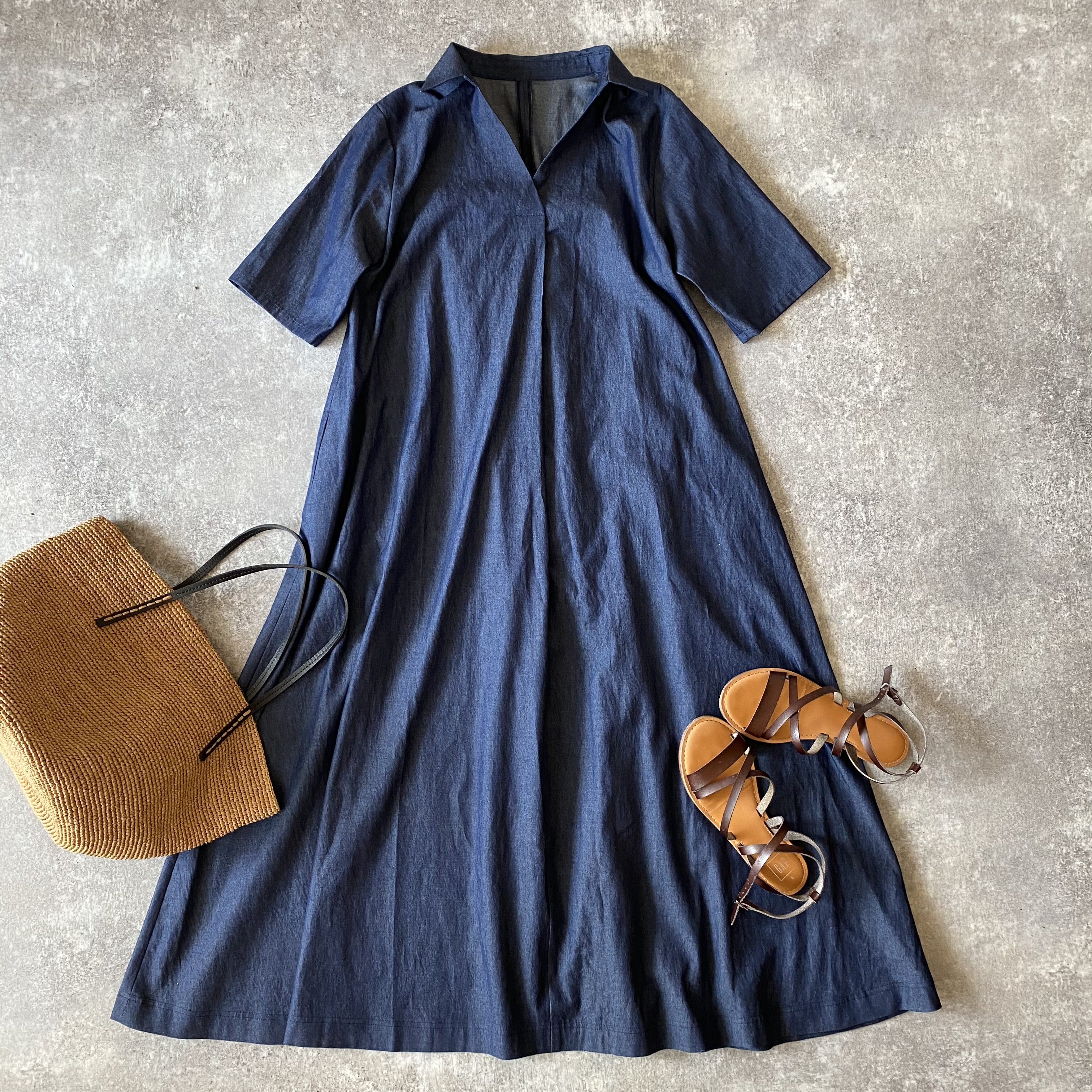 薄手デニムの半袖スキッパーワンピ No 151 14 Iichi ハンドメイド クラフト作品 手仕事品の通販