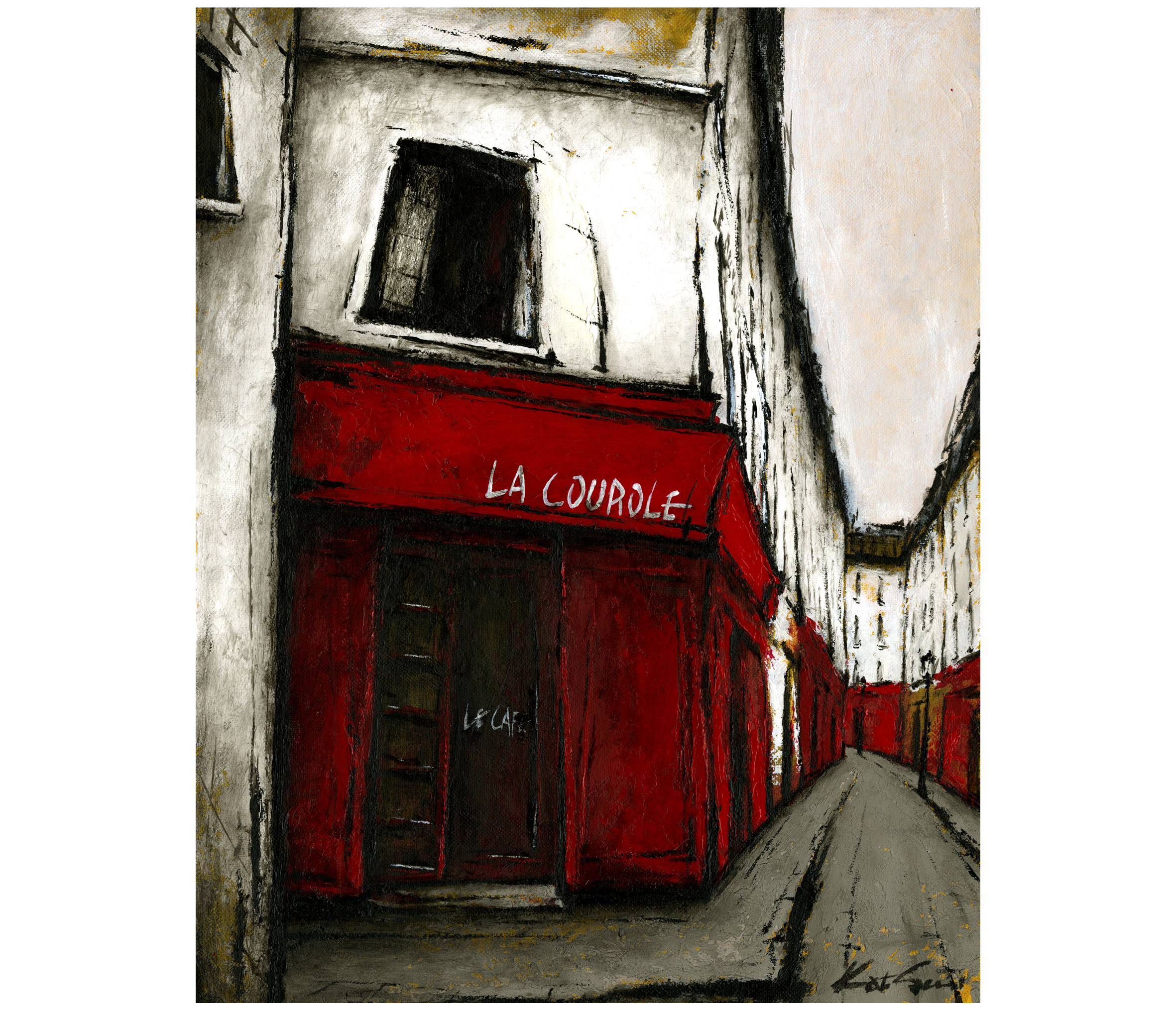 風景画　パリ　油絵「街角の赤いカフェ」