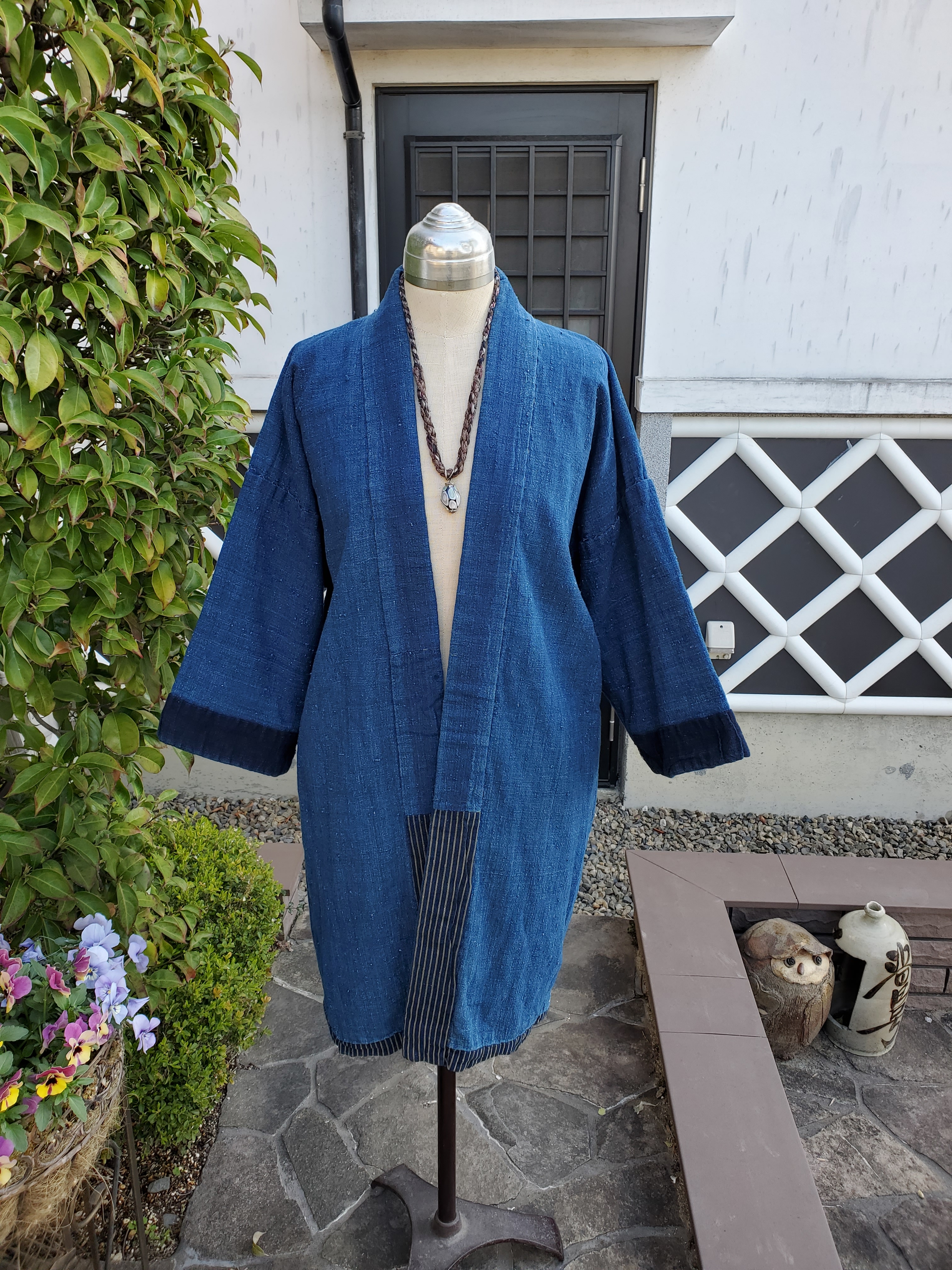 着物リメイク 古布 手作り 藍無地 縞 リバーシブル半纏 Iichi ハンドメイド クラフト作品 手仕事品の通販